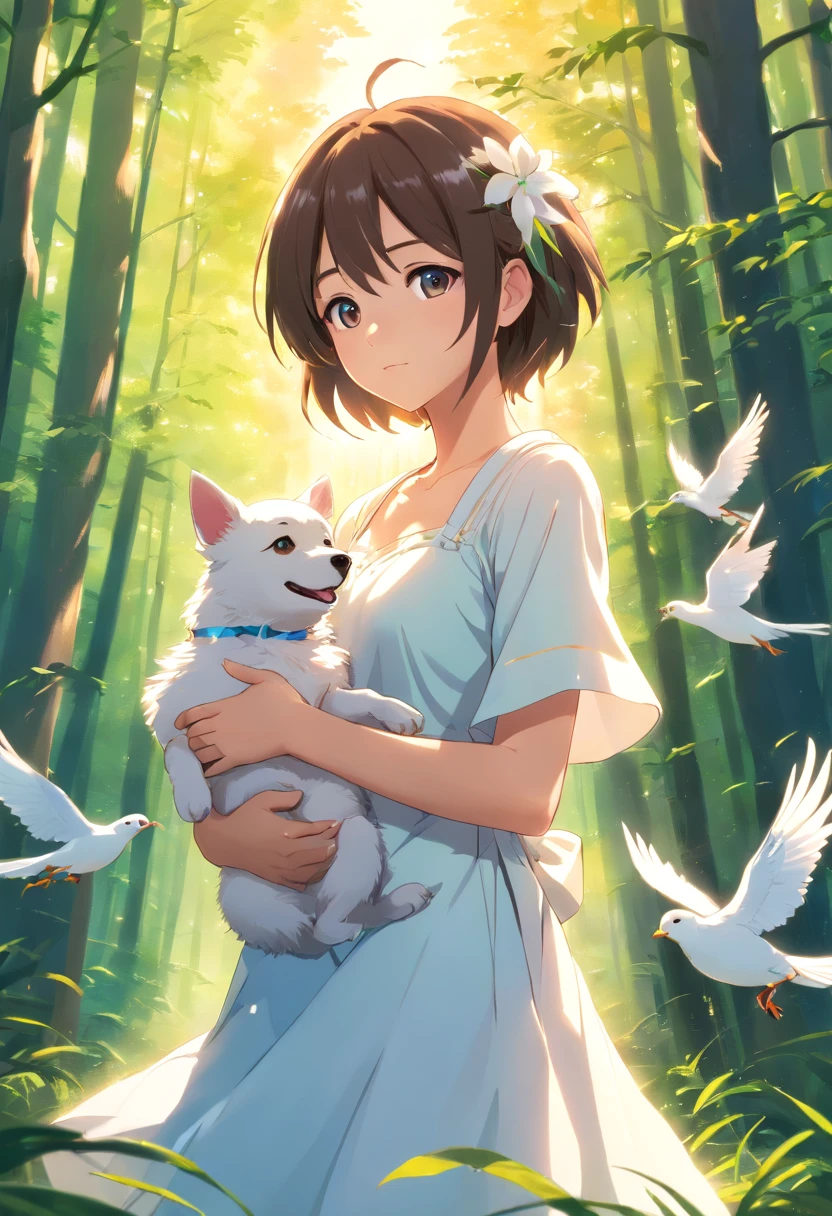 (Best quality,highr:1.2),Fotorrealista,anime big breast,A princess,girl,white dresses,small,adolable,Cartoon dog,(The low girl holds a wounded bird)Rio Claro in your hands,ln the forest,rays of sunshine,Eye contact