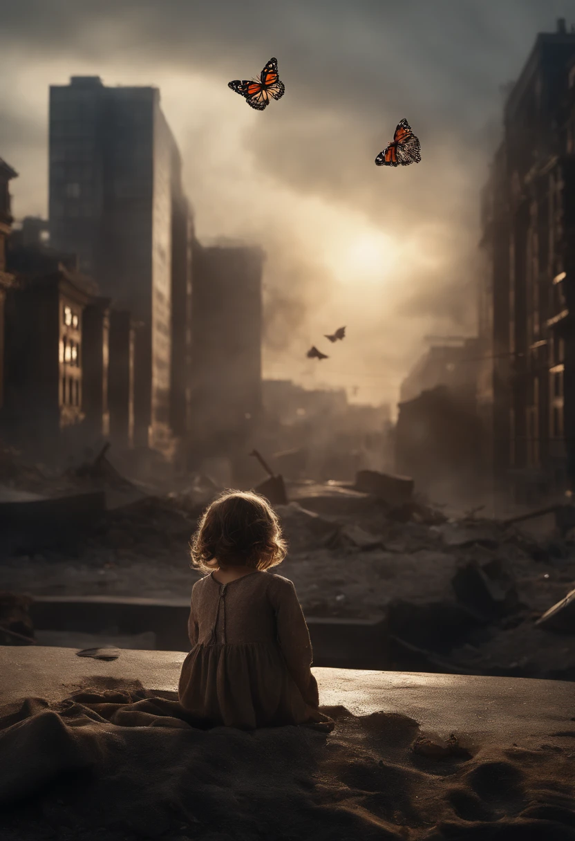 Ultra-realistic depiction of a little girl, sitting with sorrow, agony, ((dried tears drops)), messy and curl hair, dusty face and cloth,(( a destructed city in background, fire, ((human corpse on ground)), some people are crying, destroyed building)), a butterfly sits on her forefinger, (((she is looking at the butterfly and a little bit smile))), hyper detailed, dynamic color, black and gray shade, super emotional picture, set against a hauntingly dark backdrop and surrounded by swirling dark smoke. The image should be in a captivating 16:9 format."