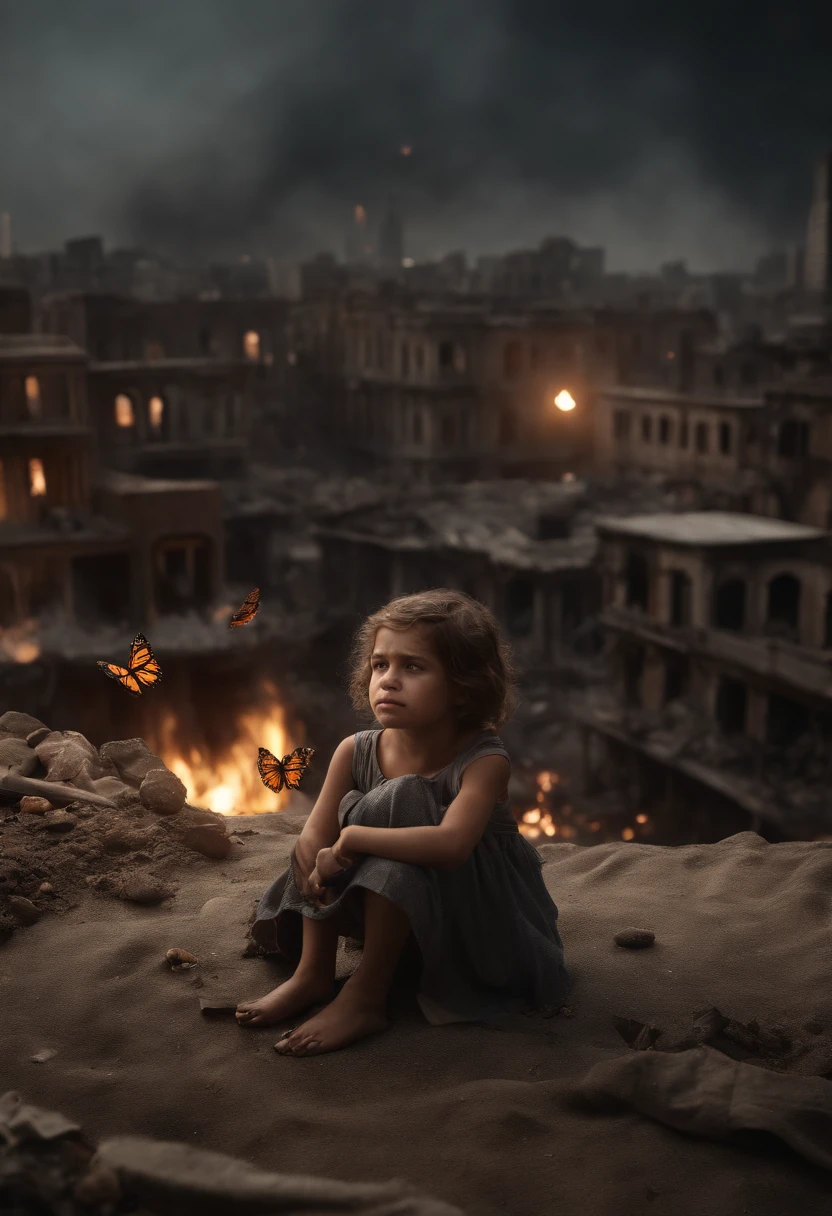Ultra-realistic depiction of a , sitting with sorrow, agony, ((dried tears drops)), messy and curl hair, dusty face and cloth,(( a destructed city in background, fire, ((human corpse on ground)), some people are crying, destroyed building)), a butterfly sits on her forefinger, (((she is looking at the butterfly and a little bit smile))), hyper detailed, dynamic color, black and gray shade, super emotional picture, set against a hauntingly dark backdrop and surrounded by swirling dark smoke. The image should be in a captivating 16:9 format."
