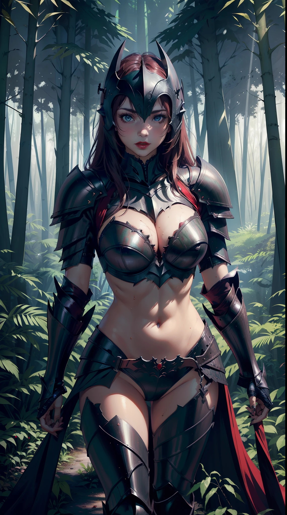 1female, cowboy shot,(dark light:1.4), blush, large breasts, (erotic pose), red lip, pretty face, elegant, masterpiece, ultra detail, jewellery, eyeliner, (dark forest:1.8), (wearing sexy armor:1.8), navel, (dark knight:1.5), (bare breasts:1.2),