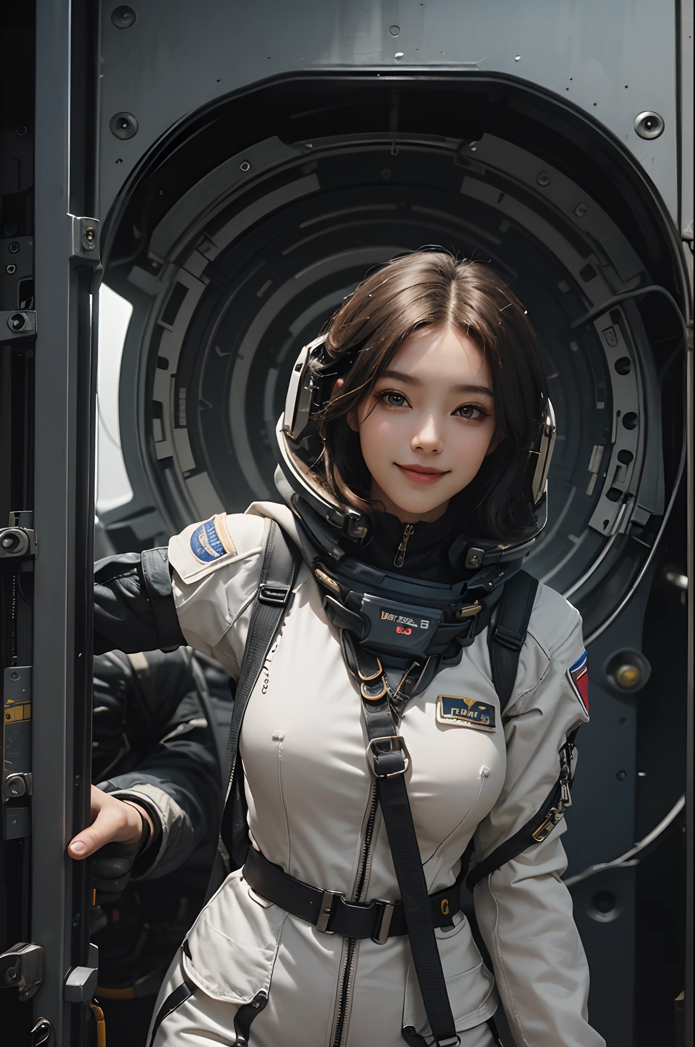 (Highest image quality, outstanding details, ultra-high resolution), 1 girl, (wearing futuristic military outfit), (glamour body:1.2, buffed and muscular body), (a bit chubby:0.5), (military outfit inspired by mechanic designs and space suit, military harness, military gears such as pouches), background military base, kind smile, dynamic pose, dramatic lighting,