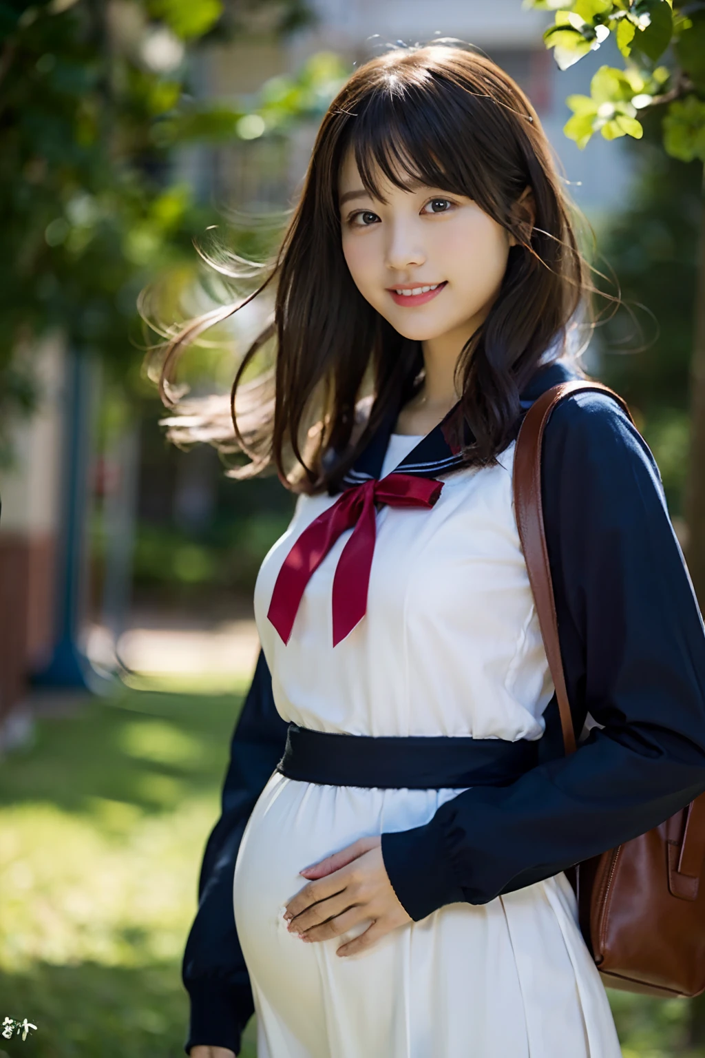 (8K、Raw photography、top-quality、​masterpiece:1.2)、(realisitic、Photorealsitic:1.37)、Pregnancy,late pregnancy,Big belly,ultra-detailliert、超A high resolution、女の子1人、see the beholder、Looking at the camera,beautifull detailed face、A smile、Constriction、(Slim waist) :1.3)、Beautiful detailed skin、Skin Texture、Floating hair、Professional Lighting、Whole human body、A dark-haired、japanese hight school uniform、a sailor suit、large full breasts、Happy smile、sixteen years old、Red ribbons、a baby face、Deities々Shikai、Hair fluttering in the wind、the wind、Commuting to school、School route
