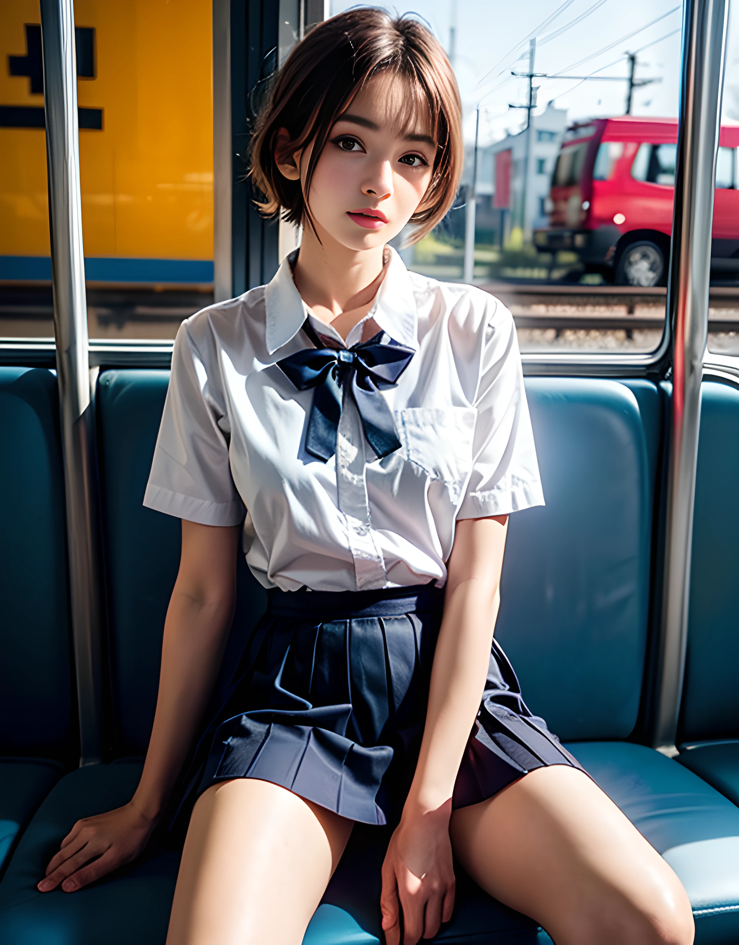 (​master piece:1.2), (8K high image quality), (top-quality), (RAW image quality),(Realistic), (Photorealistic:1.37),,largeeyes,long eyelasher,so sexy,（Live-action realistic style）,The Ultimate Face,Photorealistic light and shadow,Clear facial features,milky skin,Fair skin, highdetailskin,Realistic skin details,（Super Detail）,,Best portraits,Taken away, girl with１People only, cute  face,Beautiful detailed eyes, beautiful detailed nose, highlydetailed skin ,(eyecontact),(Beautiful face with double eyelids),((Full-body image)), (Realism: 1.4), Ultra-high resolution,delicate and beautiful face,18year old,(Beautiful Face 1.4),A slender, (I wear a short skirt:1.2),Big,Brightly lit beautiful face,Panties are visible,Very short skirt,((Japan schoolgirl uniform)),red lipsticks,Lame around the eyes,,Hair length is short hair, ,(I like to show my panties to viewers),on train,((sitting with one's legs spread)),Show your crotch to your viewers,Spread your legs and show your panties