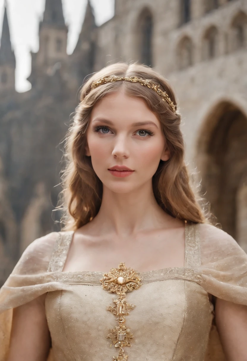 German Queen Saint Mary of Nazareth Taylor Swift, Fechar corpo de zoom, German flag, busto grande, colar de corrente dourada, Pingente cruzado dourado, grandes brincos de argola dourada.