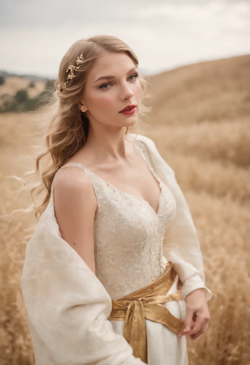 German Queen Saint Mary of Nazareth Taylor Swift, Fechar corpo de zoom, German flag, busto grande, colar de corrente dourada, Pingente cruzado dourado, grandes brincos de argola dourada.