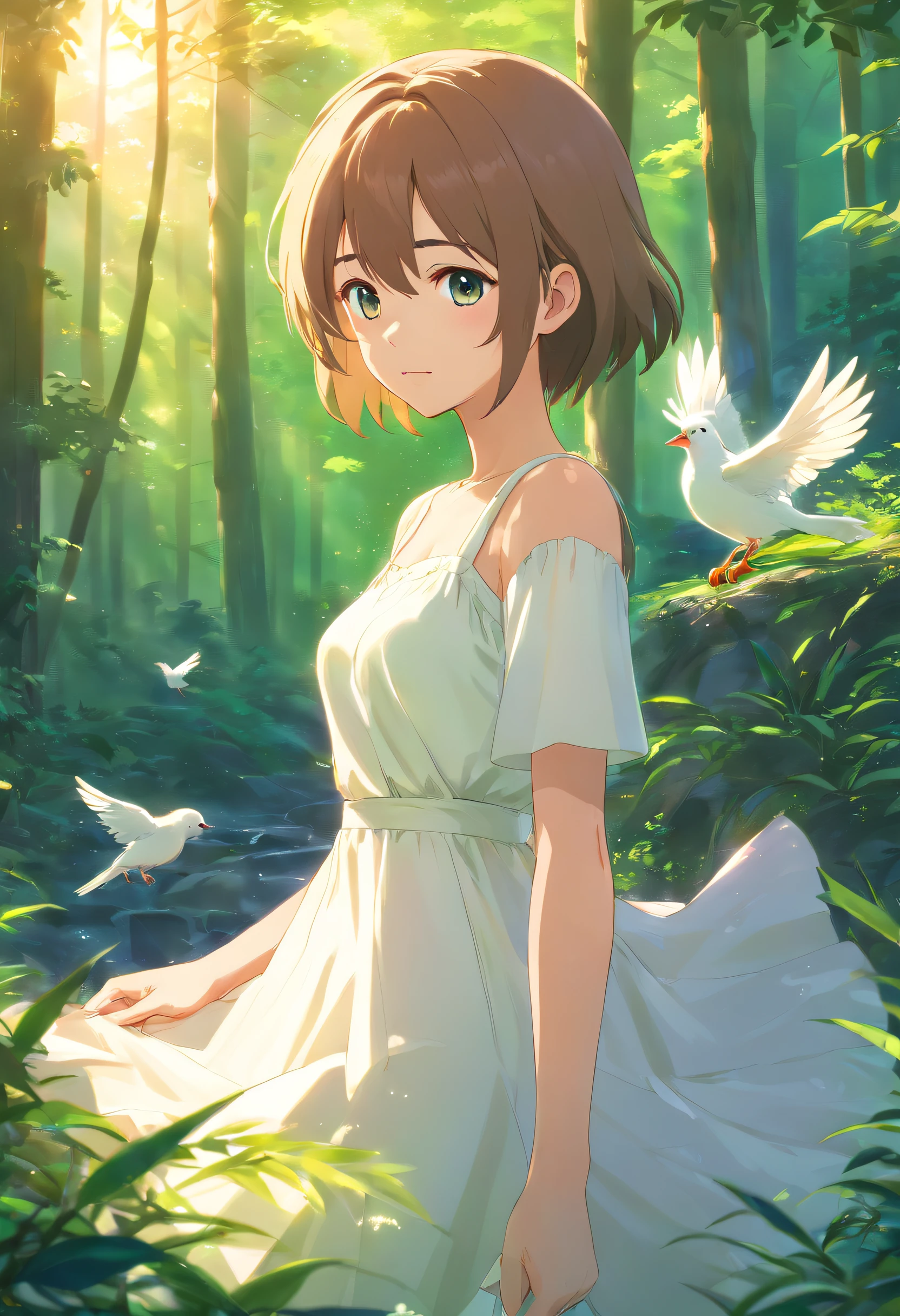 (Best quality,highr:1.2),Fotorrealista,anime big breast,A princess,girl,white dresses,small,adolable,Cartoon dog,(The low girl holds a wounded bird)Rio Claro in your hands,ln the forest,rays of sunshine,Eye contact