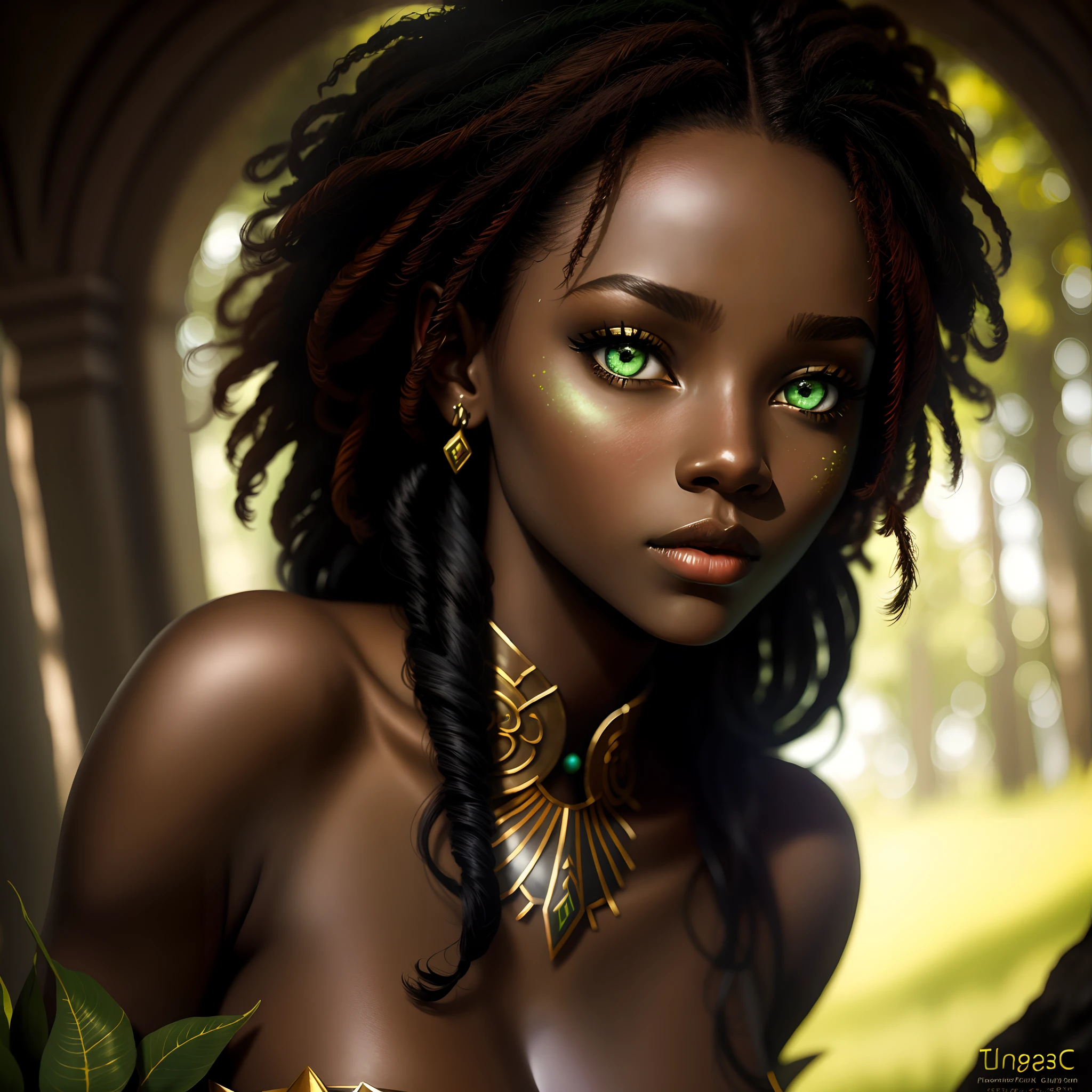 Closeup photo portrait of beautiful ebony ager_woman as druid, dark makeup, short ginger hair, big perfect green eyes, big perfect lips,, epic character composition, frontal view, atmospheric scene, masterpiece, best quality, (detailed beautiful face, detail skin texture, ultra-detailed body:1.1), diffused lighting