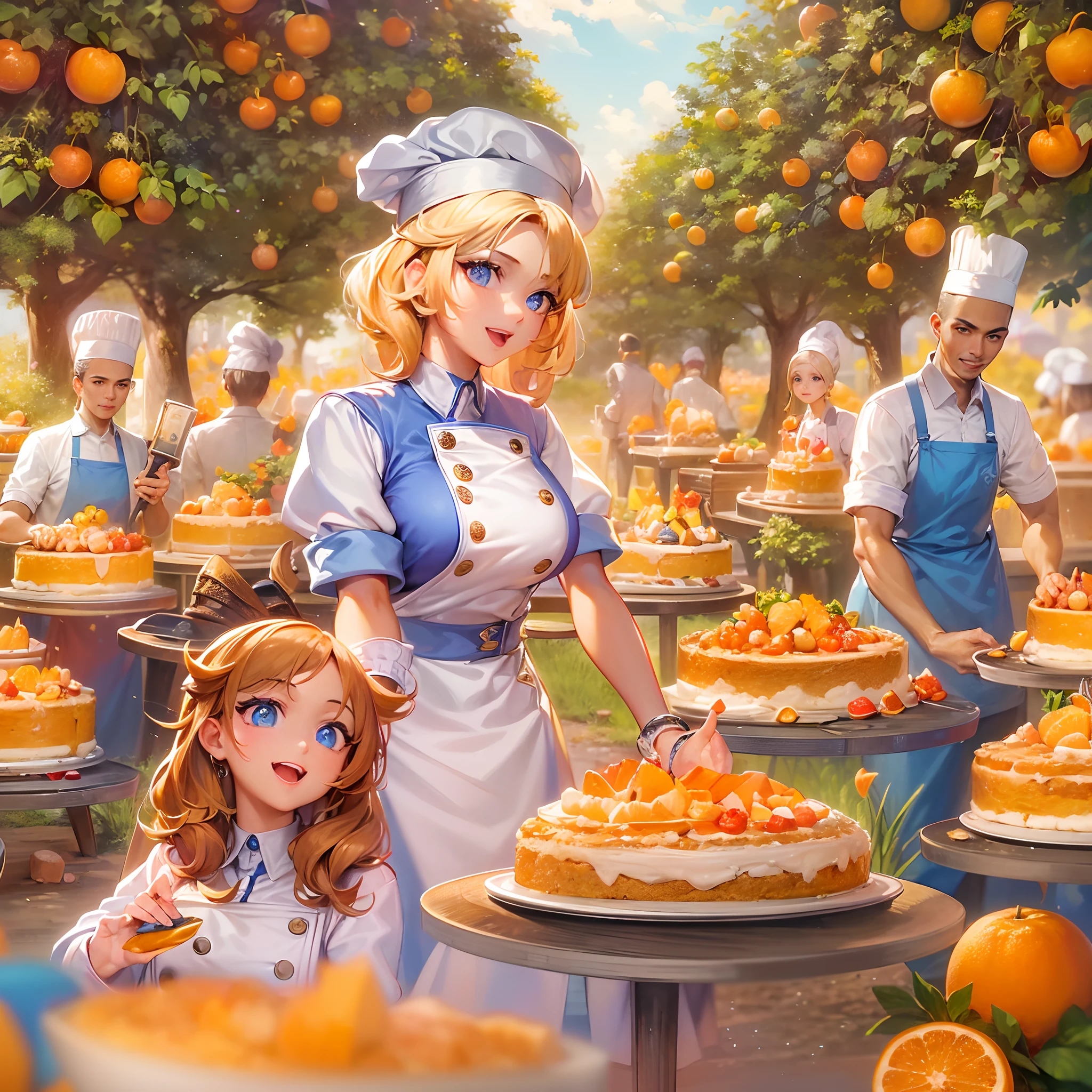 A thumbnail for a cooking video, With the title 'How to Make a Delicious Orange Cake' and the fun style Give a very beautiful young woman in a luxurious uniform Give Chef She Has Beautiful Blue Eyes, The background of the image is in a huge and heavy orange orchard