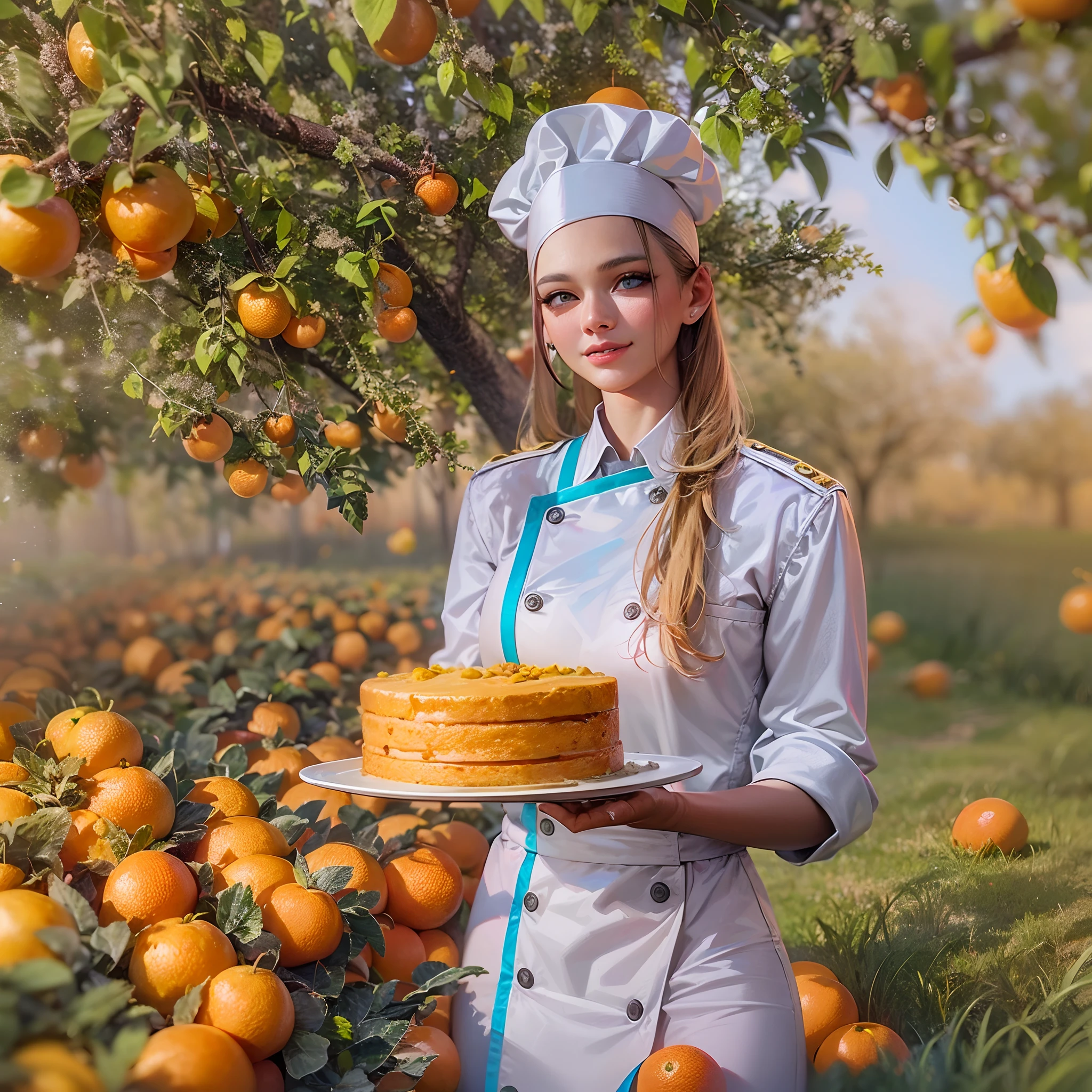A thumbnail for a cooking video, With the title 'How to Make a Delicious Orange Cake' and the fun style Give a very beautiful young woman in a luxurious uniform Give Chef She Has Beautiful Blue Eyes, The background of the image is in a huge and heavy orange orchard