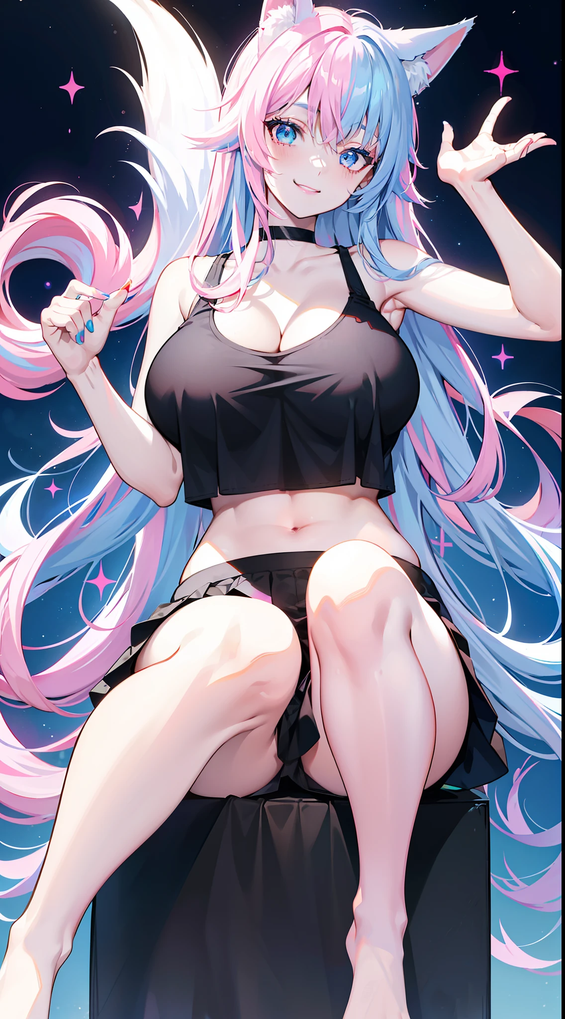 Grown-up girl, Fox ears, Fox tails, Long blue hair with pink tips, Heterochromia, The left eye is blue, Right Eye Pink, blue eye shadow, pink lipstick, black tank top, Upskirt, open belly, pop-idol, Huge-breasts, Smile, Masterpiece, hiquality, 4k, HD, Good detail