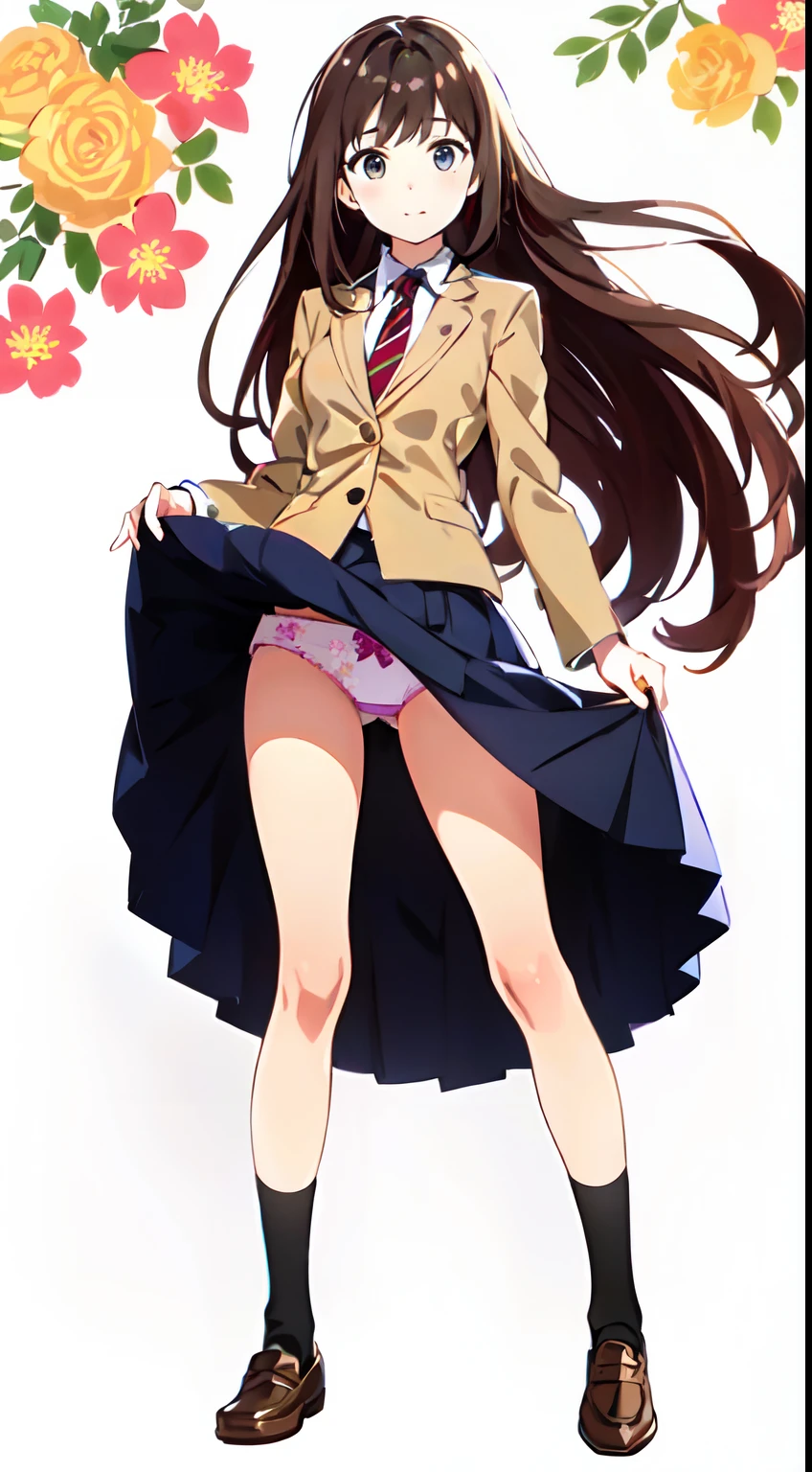 (white background:1.2), (best quality:1.3), (masterpiece:1.3), (full body:1.2), (solo:1.0), (a girl:1.0), (long skirt:1.3), (dark blue skirt:1.2), (pleated skirt:1.0), (school uniform beige blazer:1.3), (red necktie:0.9), (black socks:1.0), (loafers:1.0), (tall:1.2), (slender:1.1), (small breasts:1.1), (detailed beautiful eyes:1.0), (detailed beautiful face:1.0), (glowing black eyes:1.0), (long hair:1.0), (strait hair:1.0), (brown hair:1.0), (one's skirt lift:1.5), (floral pattern printed panties:1.2), (cotton panties:1.5)