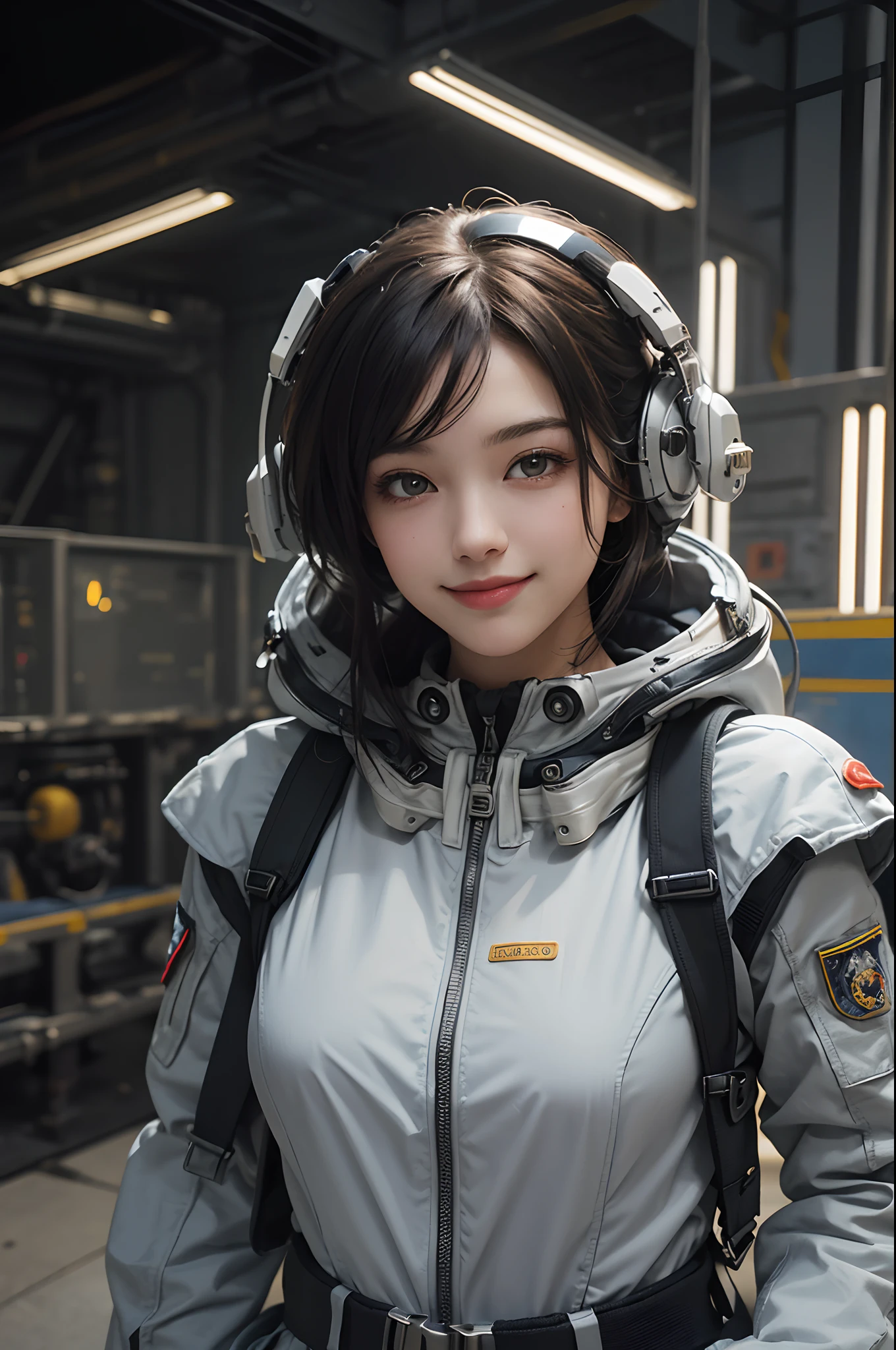 highest quality、masterpiece、ultra high resolution、(real:1.4)、Beautiful woman1、Beautiful details of eyes and skin、light brown short cut hair、small smile、Full space suit、space station、spaceship、cloudy sky、Sci-Fi Taste、film grain、