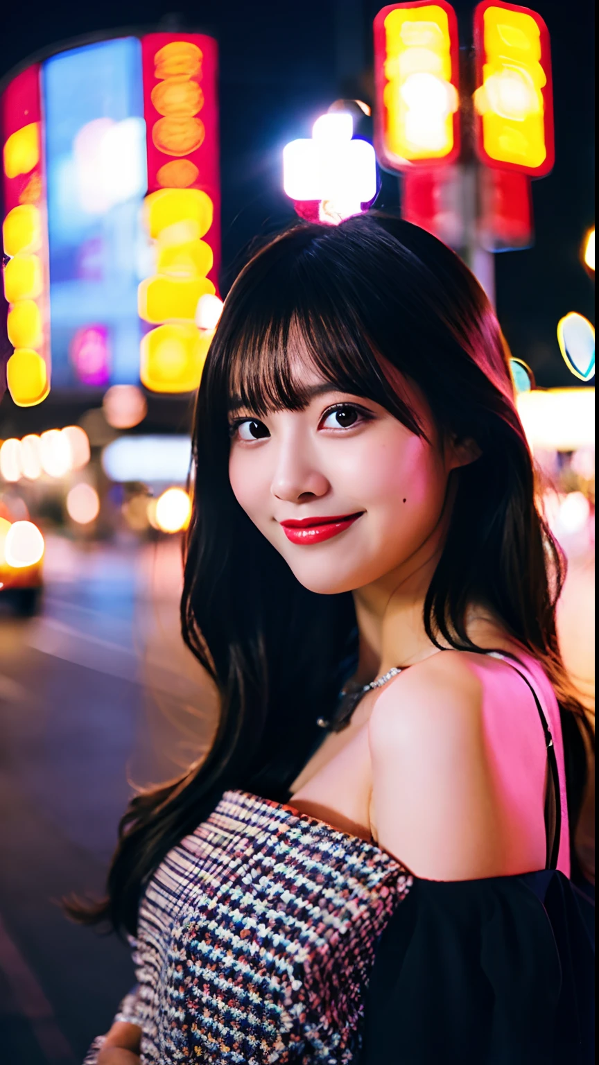 top-quality、One Beautiful Girl、nightcity、doress、Colossal tits,35mm lens,Cowboy Shot、smil