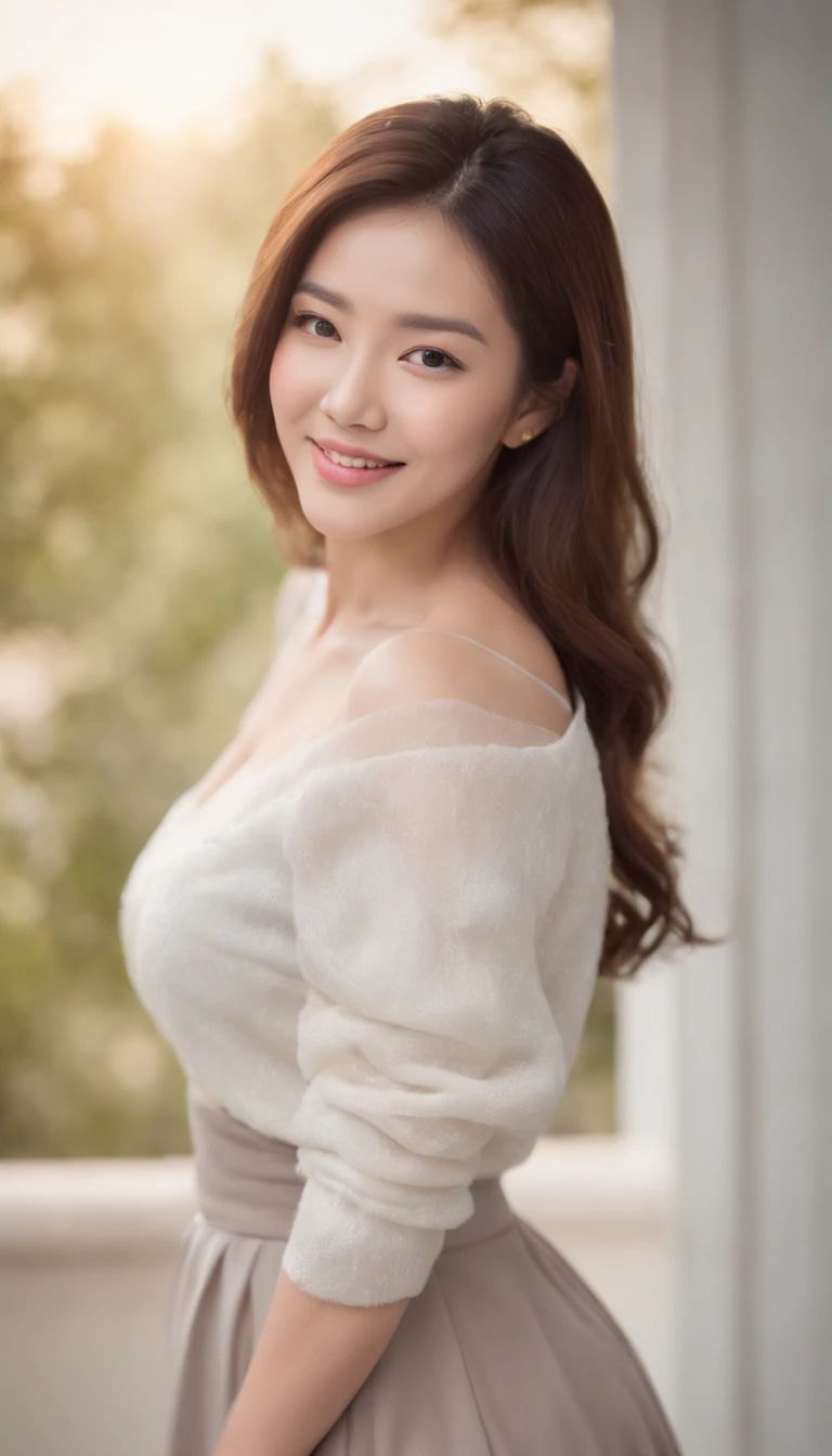(Photo: 1.3) af (Realistic: 1.3), Asian female, Soft light, Clear face, cheerfulness, cheerful big breasts, Smiling, Warm light, ((Off-white gradient background)), (Background)). ((Gray wall background)) , (long or short hair), Smile, Handsome, Middle-aged woman,, Short hair, Smile,Skirt that wraps hips
