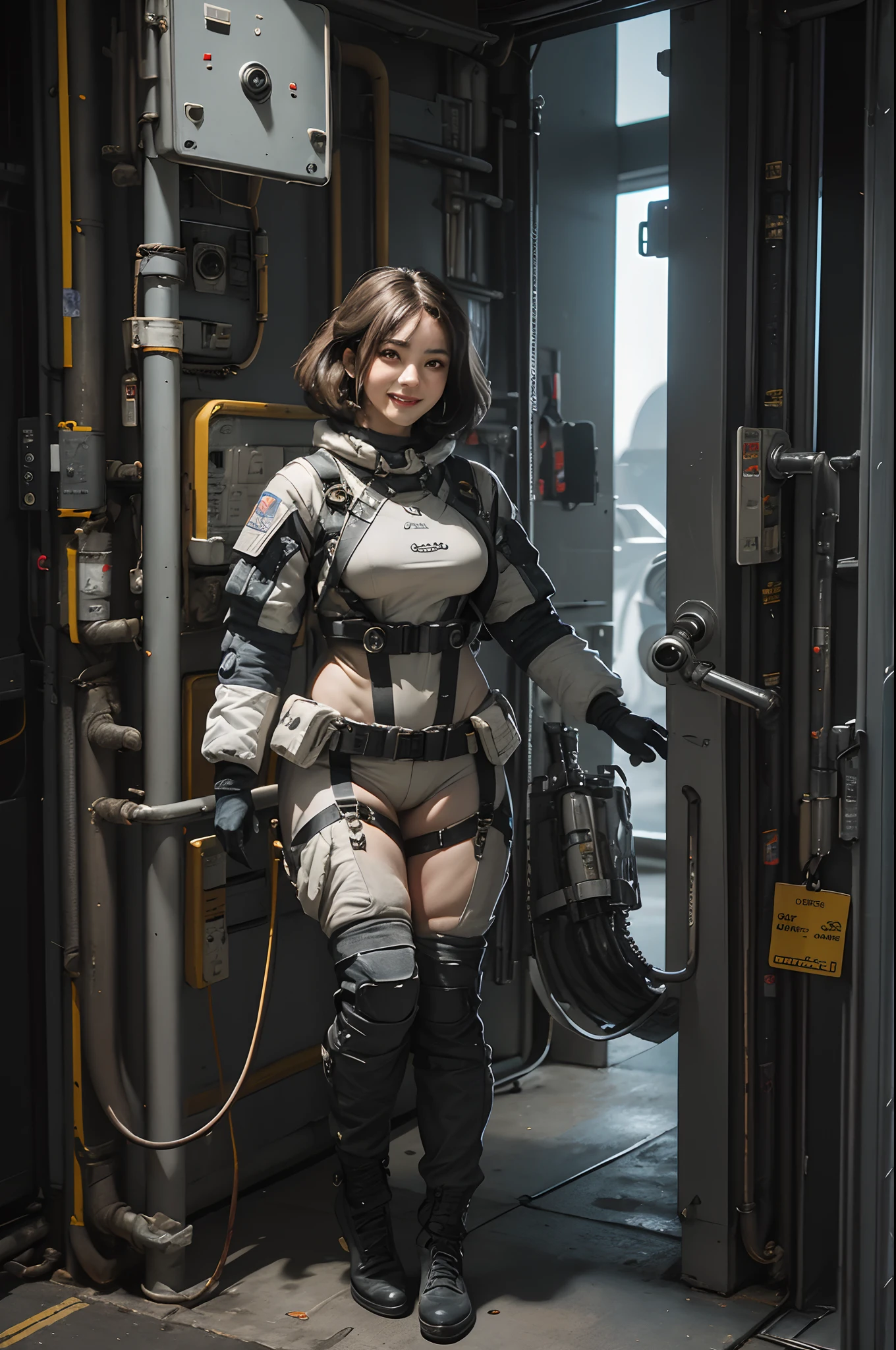 (Highest image quality, outstanding details, ultra-high resolution), 1 girl, (wearing futuristic military outfit), (glamour body:1.2, buffed and muscular body), (a bit chubby:0.5), (military outfit inspired by mechanic designs and space suit, military harness, military gears such as pouches), background military base, kind smile, dynamic pose, dramatic lighting, full body shot,