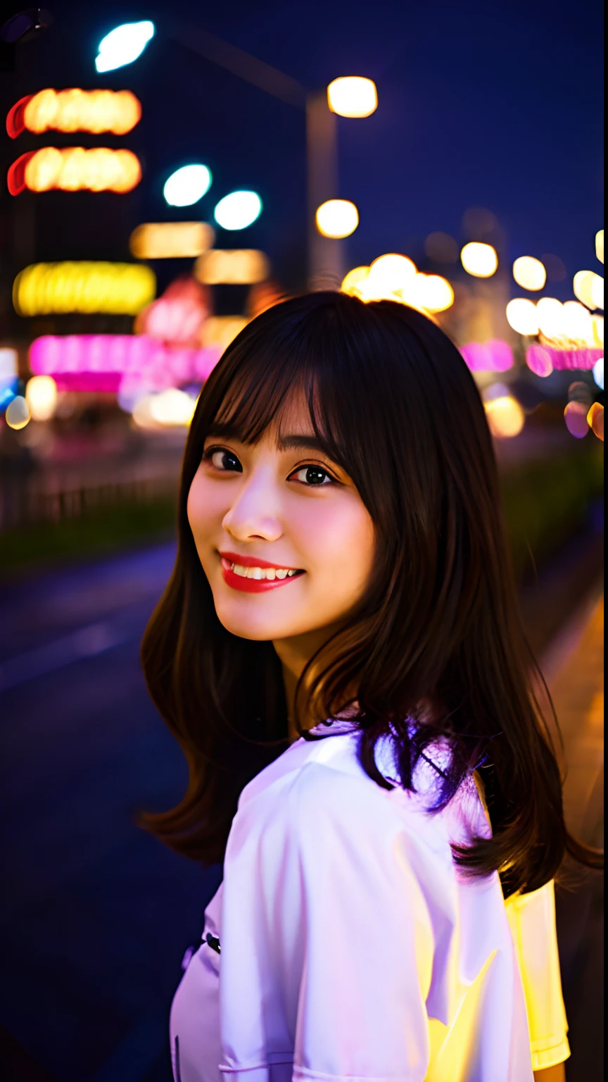 top-quality、One Beautiful Girl、nightcity、doress、Colossal tits,35mm lens,Cowboy Shot、smil