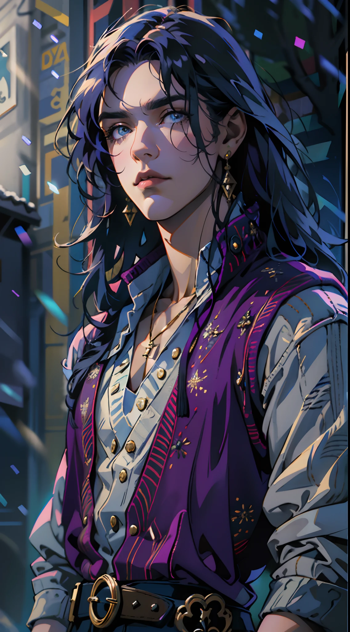 A young man with indigo long hair, long and straight hairstyle, looks up, a gentle expression, a tender gaze, a two-piece fantasy-realism style outfit, knitted shirt over a dark fitted undershirt, belted at the waist, long flowing hemline, matching trousers, the background shows a medieval fantasy-style street with snowflakes falling, this character embodies a finely crafted fantasy-realism in anime style, characterized by an exquisite and mature manga illustration art style, high definition, best quality, highres, ultra-detailed, ultra-fine painting, extremely delicate, professional, anatomically correct, symmetrical face, extremely detailed eyes and face, high quality eyes, creativity, RAW photo, UHD, 8k, Natural light, cinematic lighting, masterpiece-anatomy-perfect, masterpiece:1.5