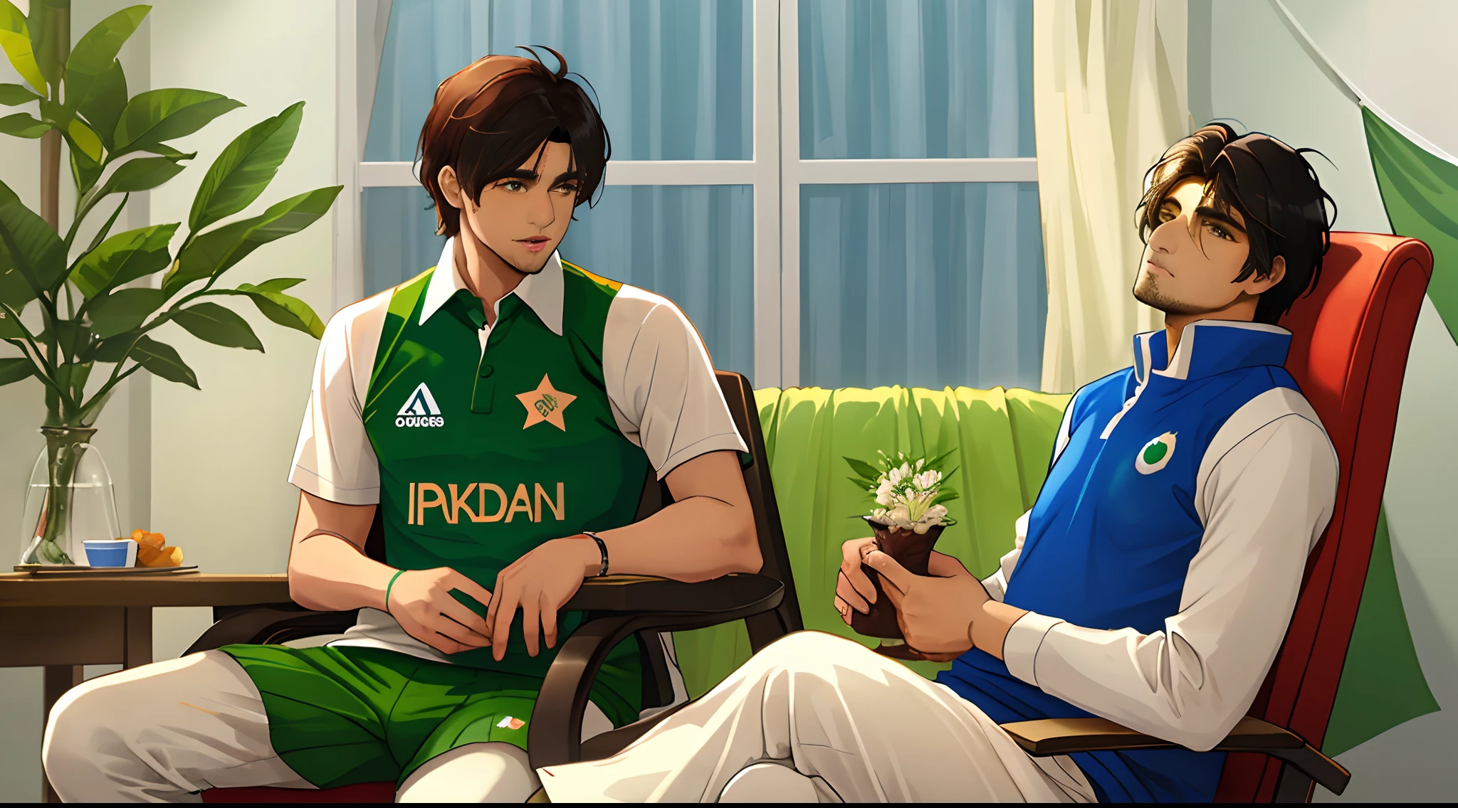 A man sitting on a chair wearing pakistan jersey and watching India Pakistan match