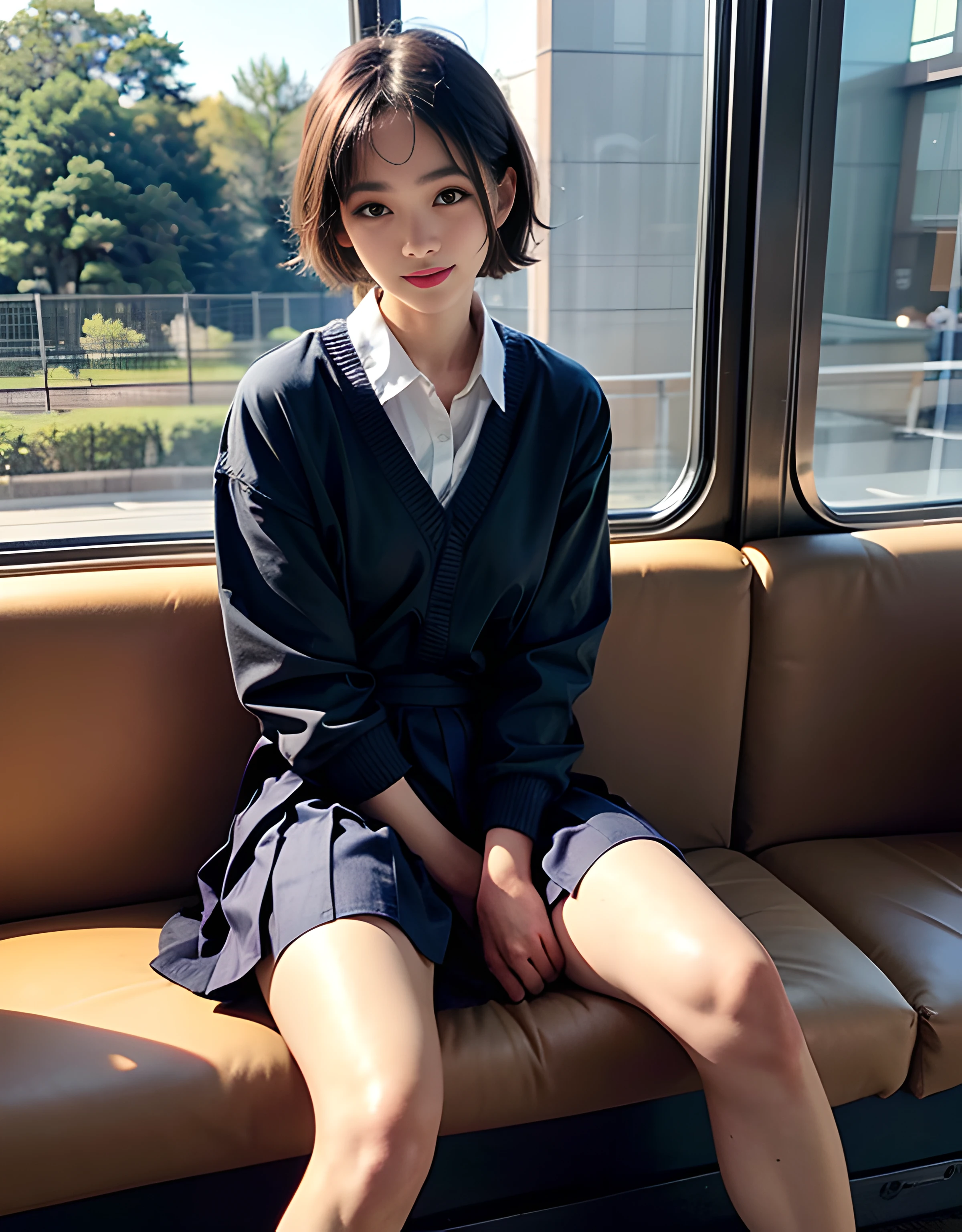 (master piece:1.2), (8K high image quality), (top-quality), (RAW image quality),(Realistic), (Photorealistic:1.37),,largeeyes,long eyelasher,so sexy,(Live-action realistic style),The Ultimate Face,Photorealistic light and shadow,Clear facial features,milky skin,Fair skin, highdetailskin,Realistic skin details,(Super Detail),,Best portraits,Taken away, girl with1People only, cute face,Beautiful detailed eyes, beautiful detailed nose, highlydetailed skin ,(eyecontact),(Beautiful face with double eyelids),((Full-body image)), (Realism: 1.4), Ultra-high resolution,delicate and beautiful face,18year old,(Beautiful Face 1.4),A slender, (I'm wearing a short skirt:1.2),Big,Brightly lit beautiful face,Panties are visible,a short skirt,((Japan schoolgirl uniform)),red lipsticks,Lame around the eyes,,Hair length is short hair, ,(I like to show my panties to viewers),on train,((sitting with one's legs spread)),Show your crotch to your viewers,Spread your legs and show your panties