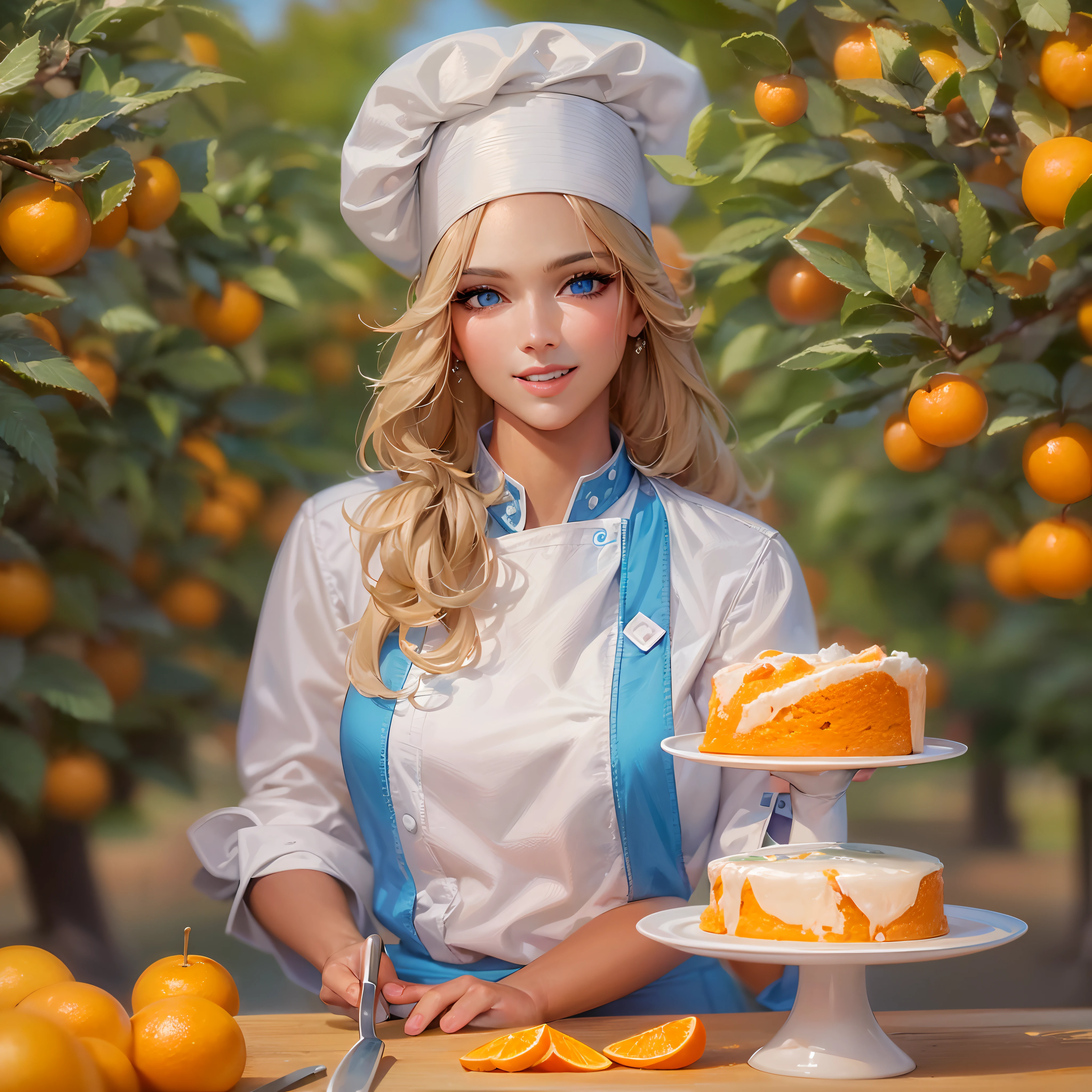 A thumbnail for a cooking video, With the title 'How to Make a Delicious Orange Cake' and the fun style Give a very beautiful young woman in a luxurious uniform Give Chef She Has Beautiful Blue Eyes, The background of the image is in a huge and heavy orange orchard