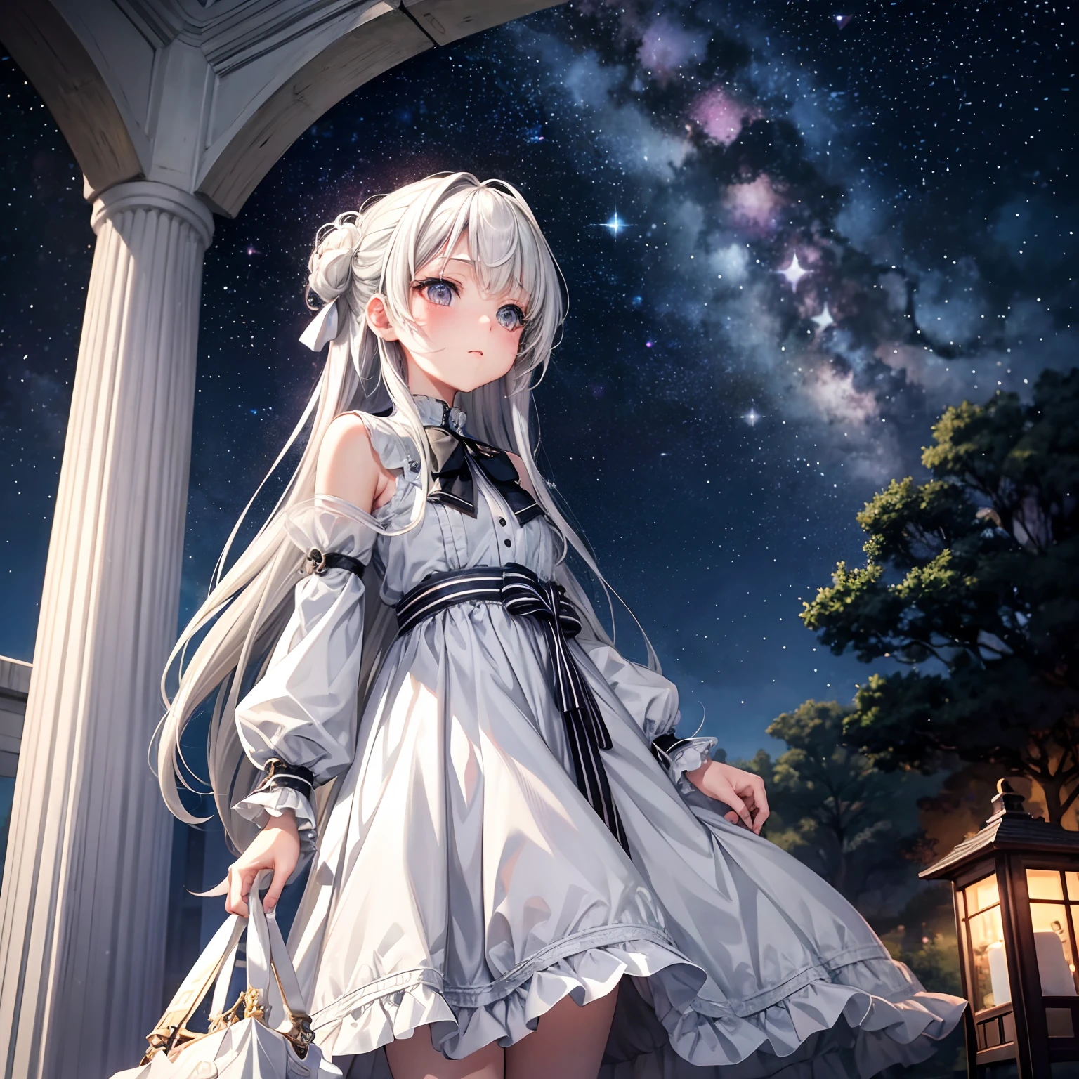 The background is a city, perfect gray hair girl, loli in dress, White-haired goddess、Cute anime-style girl in beautiful clothes, Gray-haired, Best Anime 4K, little curve loli, white-haired girl, nightcore, Stand on a tree, Looking up at the stars, hyperdetailed face