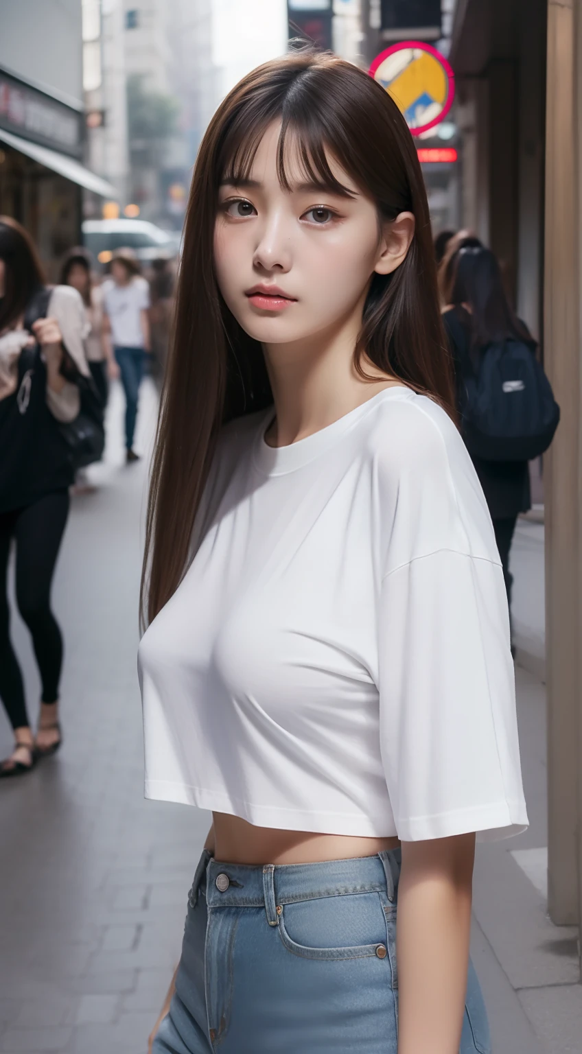 (RAW photo, Best quality), (Realistic, photo-realistic:1.2),High quality, (highdetailskin:1.4), 1girll,delicated face, standing,(Huge tits), Wear only oversized T-shirts,with no underpants,No underwear,Long legs,In the street