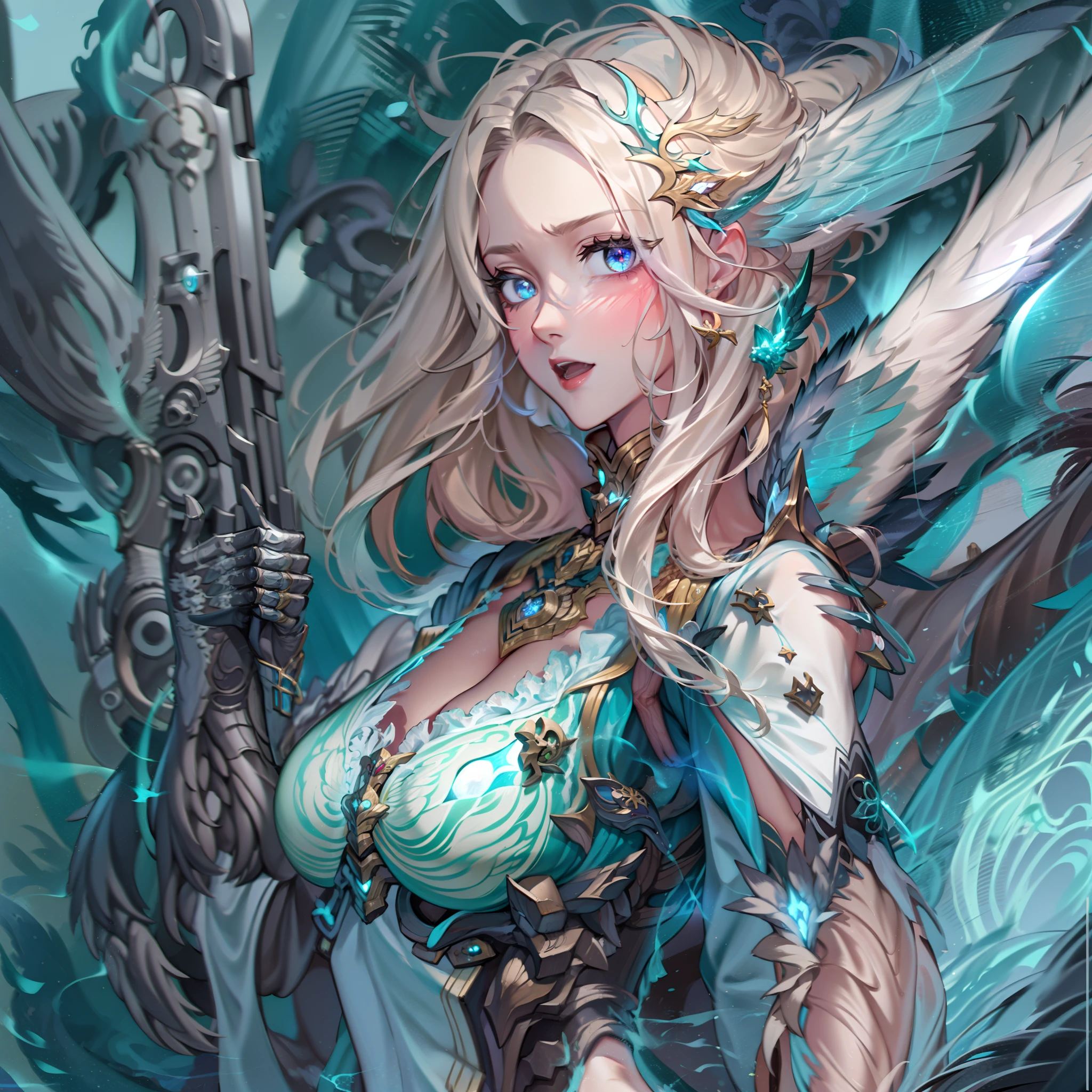 battlemech，（Blonde girl），(Huge ponytail),Glowing blue eyes，Blue Light Energy Longsword，Galactic，Mechanical and exquisite，（（Blonde Beauty））pubic detail，mech wings，elegent，Blue Mecha，Glowing blue-blue eyes，（Stocking Heels），land，Mechanical and exquisite，pubic detail，mech wings，elegent，The tree々，There are hands and feet，angled，angled，immensity，Wind，hazy，Mecha's eyes glow blue，Blue Mecha，Glowing blue-blue eyes，Holding the sword of delicate light energy，Skysky，Mechanical and exquisite，pubic detail，Huge mech wings，elegent，The tree々，There are hands and feet，angled，angled，immensity，baiyun，hazy，Mecha's eyes glow blue，pubic detail，Winds of the future，sacredness，Cavalier，battlemech，Glowing blue eyes，Blue Delicate Sniper Rifle，Skysky，Mechanical and exquisite，pubic detail，Huge mech wings，elegent，The tree々，There are hands and feet，angled，angled，immensity，baiyun，hazy，Mecha's eyes glow blue，pubic detail，Winds of the future，sacredness，Cavalier，the face is clear，Face wearing mask armor，masterpaintings，best qualtiy，offcial art，the Extremely Detailed CG Unity 8K Wallpapers，brightened light，（light particules，（Illustration）（Farbe）goodlooking，impeccable，（（Graphic Painting）），（Heavier stroke）），（bold lines），Highest image quality，masterpaintings，Filigree，long eyeslashes，（（（silhuette））），Very detailed background，tulips，Banana leaves，lilie，dew，Date palm flowers，Ryu，Light white off-the-shoulder dress，Mottled sunlight，（Close-up of people），（（Super best quality））， （（A very masterpiece））， （（super detailing：1.4））， （（hyper realistic lifelike 3d））， Dragon Warrior Girl， Mechanical body， Dynamic action poses in battle scenes， Mechanical weapons of very complex and heavy fighters， Off-the-shoulder fashion that blends dense and complex steampunk with dense gothic lolita， Complex steampunk headgear， very thin long legs， Mechanical boots above the knee， Fluttering lace flared mini skirt， beautiful big breasts directed upwards，Somewhat long, Vertical curly silver hair fluttering in the wind，Countless shining large sphe