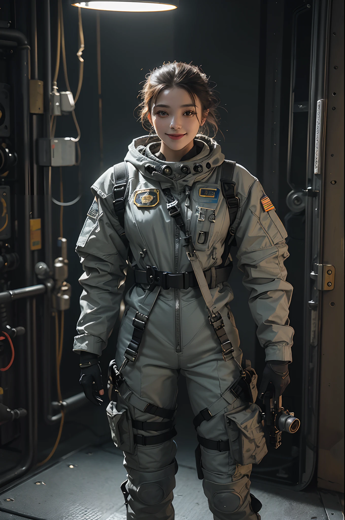 (Highest image quality, outstanding details, ultra-high resolution), 1 girl, (wearing futuristic military outfit), (glamour body:1.2, buffed and muscular body), (a bit chubby:0.5), (military outfit inspired by mechanic designs and space suit, military harness, military gears such as pouches), background military base, kind smile, dynamic pose, dramatic lighting, full body shot,