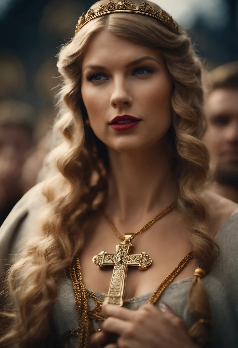 Germanic Queen Saint Mary of Nazareth Taylor Swift, zoom close body, German flag, big bust, golden chain necklace, golden cross pendant, big golden hoop earrings.