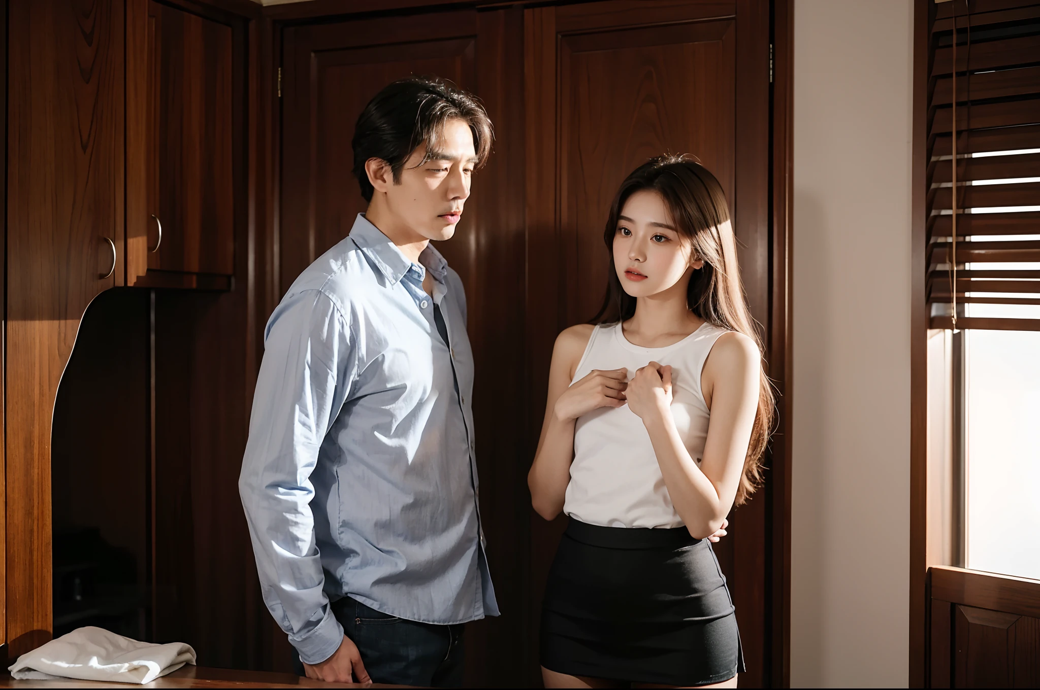 19One--old an, His father brutally slapped him on the, midynight, in a house, shout, midynight, tmasterpiece, Realistic, korean female, Well-formed appearance, hiquality, Clean clothes, shapely body, The father rolls up the woman's skirt