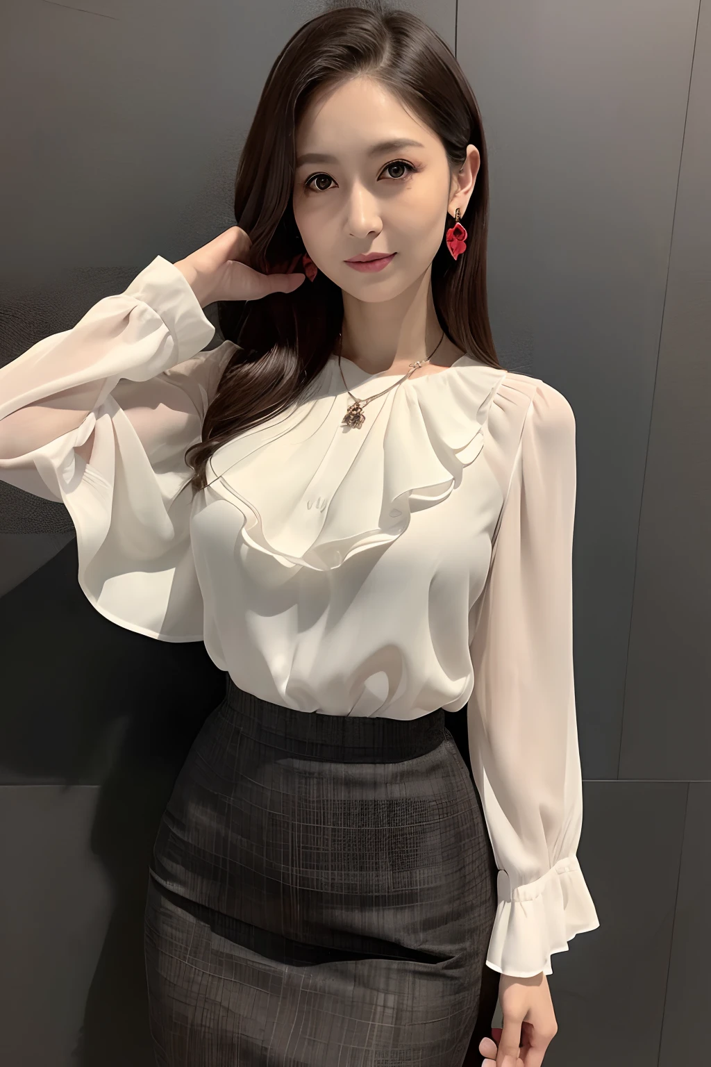 (8K, Raw photo, 超A high resolution, Best Quality, masutepiece:1.2), (Realistic, photographrealistic:1.3), (Highly detailed CG Unity 8k wallpaper), extremely delicate and beautiful, extremely detailed eyes and face and skin, Professional Lighting, Physically-based rendering, (professional photo of girl), 
(Facial wrinkles:1.2), Solo, 1 girl, (50 years old:1.5) , Adult face, long straight brown hair without bangs,,,,,,,, symmetrical clear black eyes, (Red) Arcuate lips,
Slender body, (Medium Hanging Breast), Narrow waist, medium hips, thin legs, Thin eyebrows, long eyelashes, 鎖骨,full body Esbian:1.2,（Colossal tits:2.1）
Elegant fashion, Gorgeous fashion, wearing insanely detailed ((pale color) frilled blouse, (dark color) Check Short Pencil Skirt),
Drop Earrings, Farandall Long Necklace, Farandole Bracelet,
3 pm, Ginza,