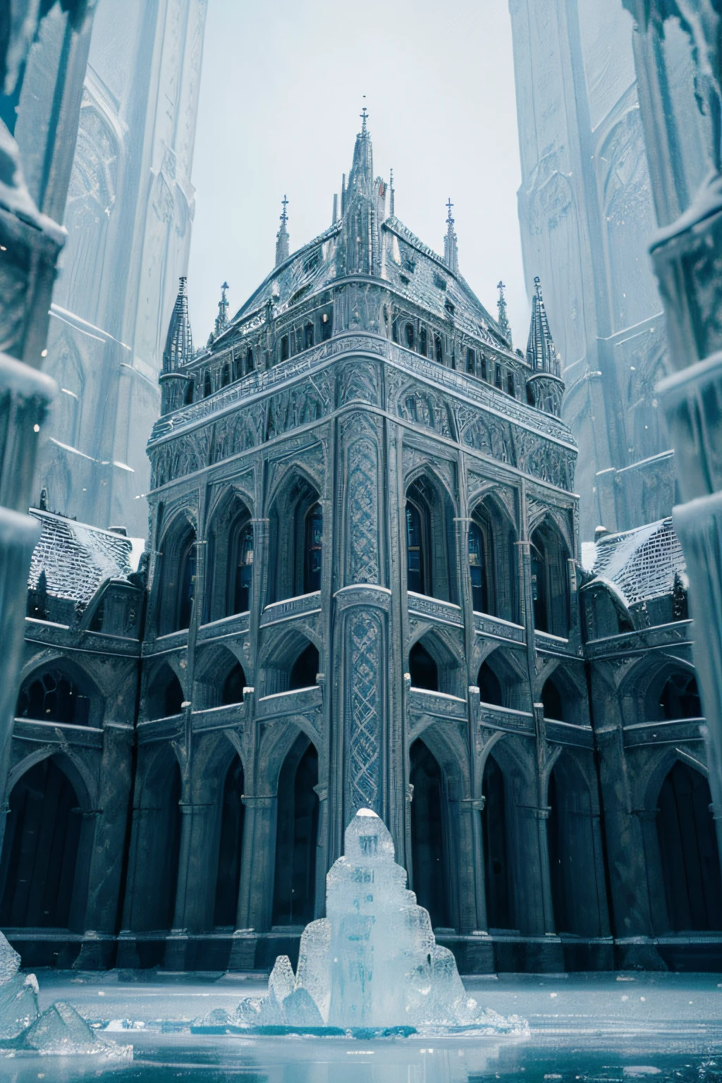 using the most advanced artificial intelligence technology, I request the creation of an image of medieval architecture, meticulously enveloped in a glistening layer of ice. It is imperative that the image achieves maximum quality, capturing every intricate detail and the icy atmosphere surrounding this magnificent structure.

I wish for the medieval architecture to be accurately represented, reflecting the characteristic features of the era, from defensive elements to ornate embellishments. The texture of the ice should be rendered with technical mastery, creating a tangible sense of cold and grandeur.

Please ensure that the image demonstrates an advanced level of detail, capturing architectural nuances and ice intricacies exceptionally. The final composition should evoke a sense of wonder and mystery, transporting the viewer to this frozen and historical world.