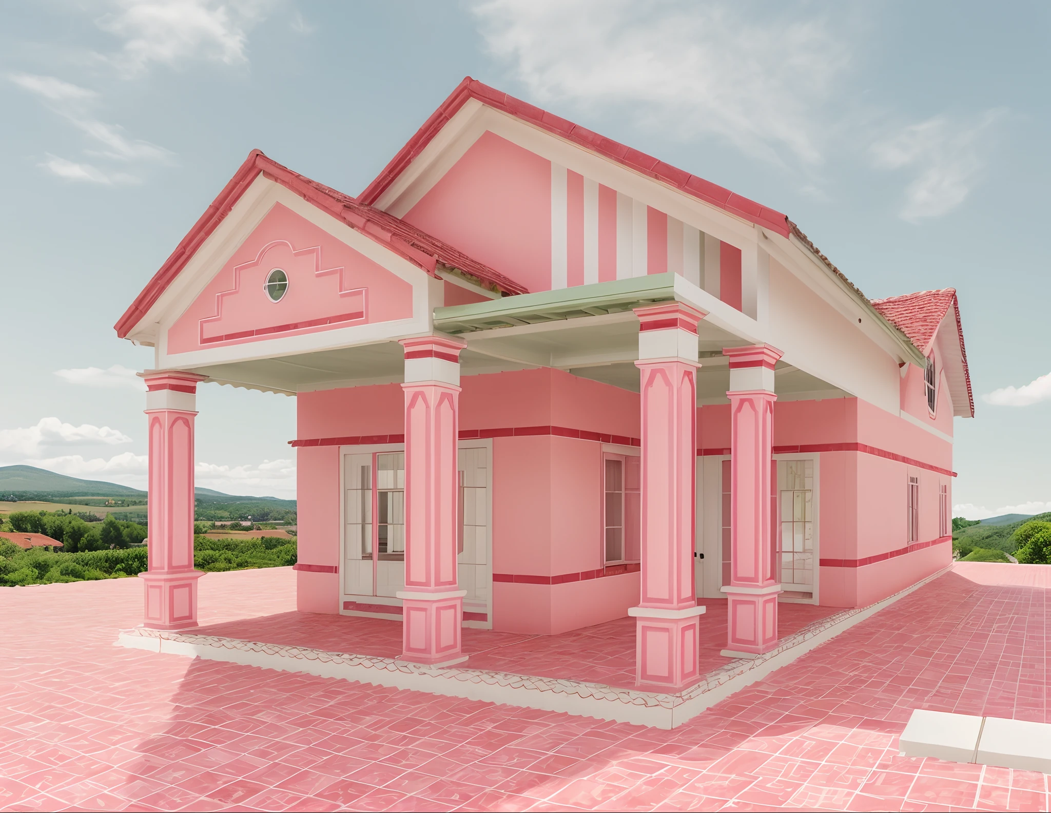Main colors are pink and white, red tiled roofs cover a rural landscape with green trees