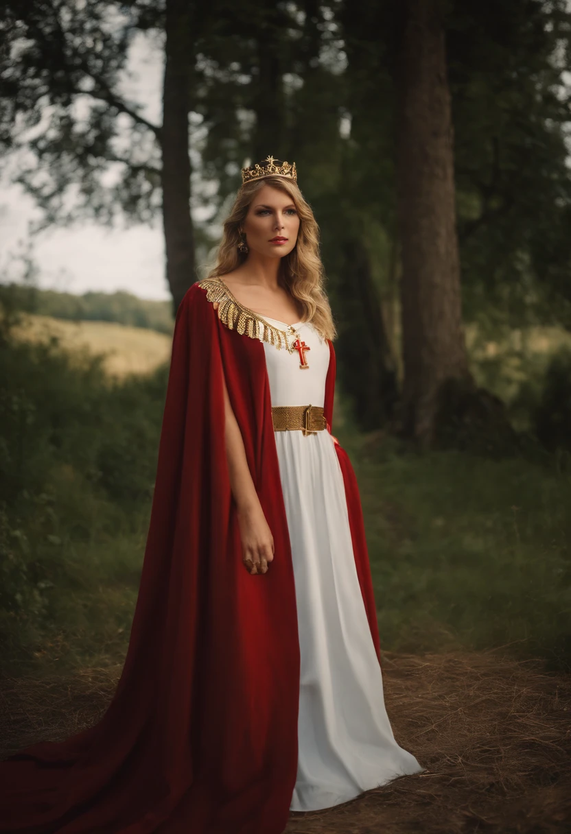 German Queen Saint Mary of Nazareth Taylor Swift, Fechar corpo de zoom, German flag, busto grande, colar de corrente dourada, Pingente cruzado dourado, grandes brincos de argola dourada.