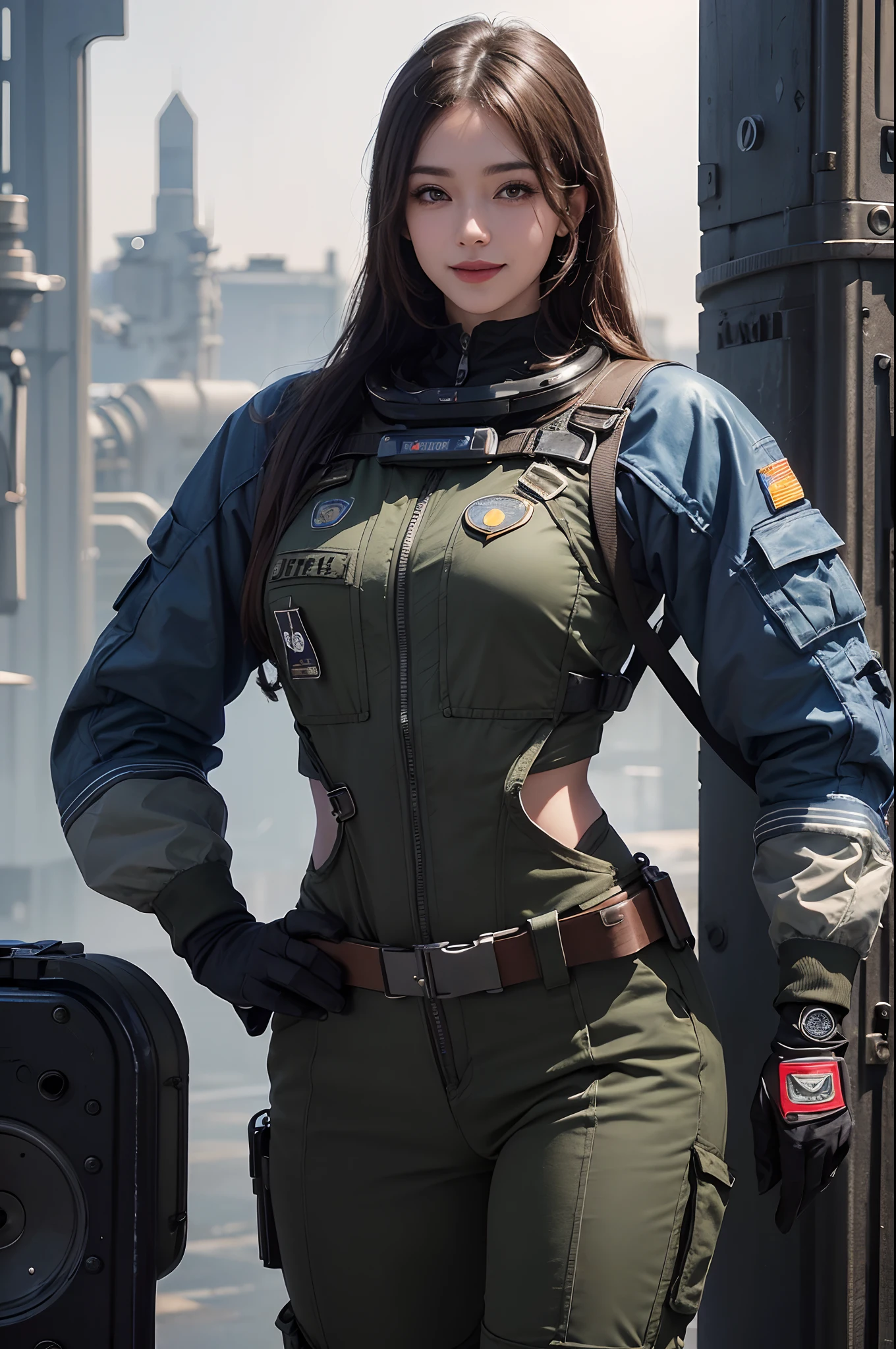 (Highest image quality, outstanding details, ultra-high resolution), 1 girl, (wearing futuristic military outfit), (glamour body:1.2, buffed and muscular body), (a bit chubby:0.5), (military outfit inspired by mechanic designs and space suit, military harness, military gears such as pouches), background military base, kind smile, dynamic pose, dramatic lighting, full body shot,