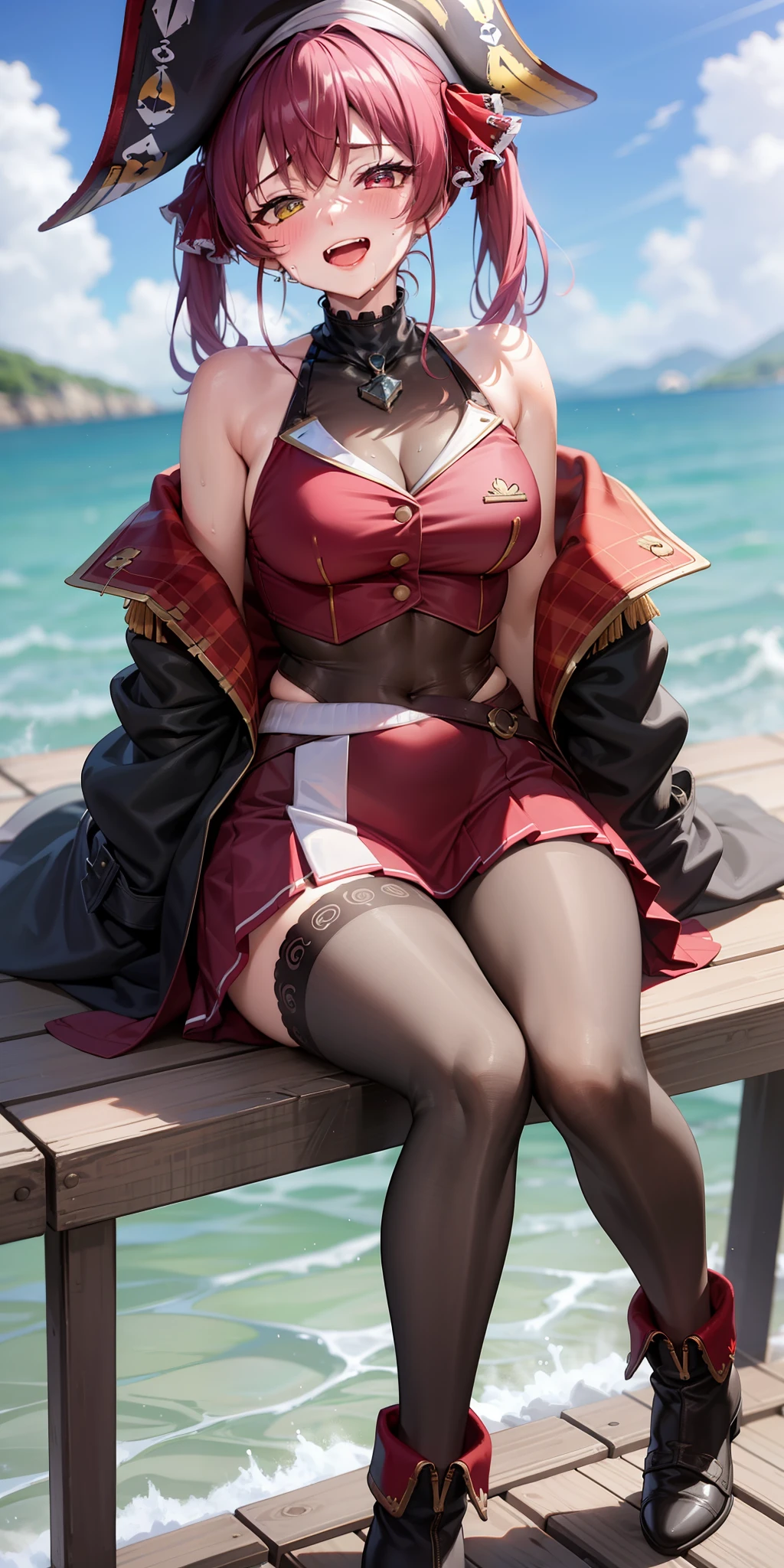 Houshou Marine,marine,heterochromia,shoulder,pirate,off-the-shoulder-coat,miniskirt, half-closed-eyes,evil smile,blush,open mouth, sweating,pigtails,black highleg,steam,red clothes,sitting,sitting,2legs,legs focus,black stockings,ankle boots,sea