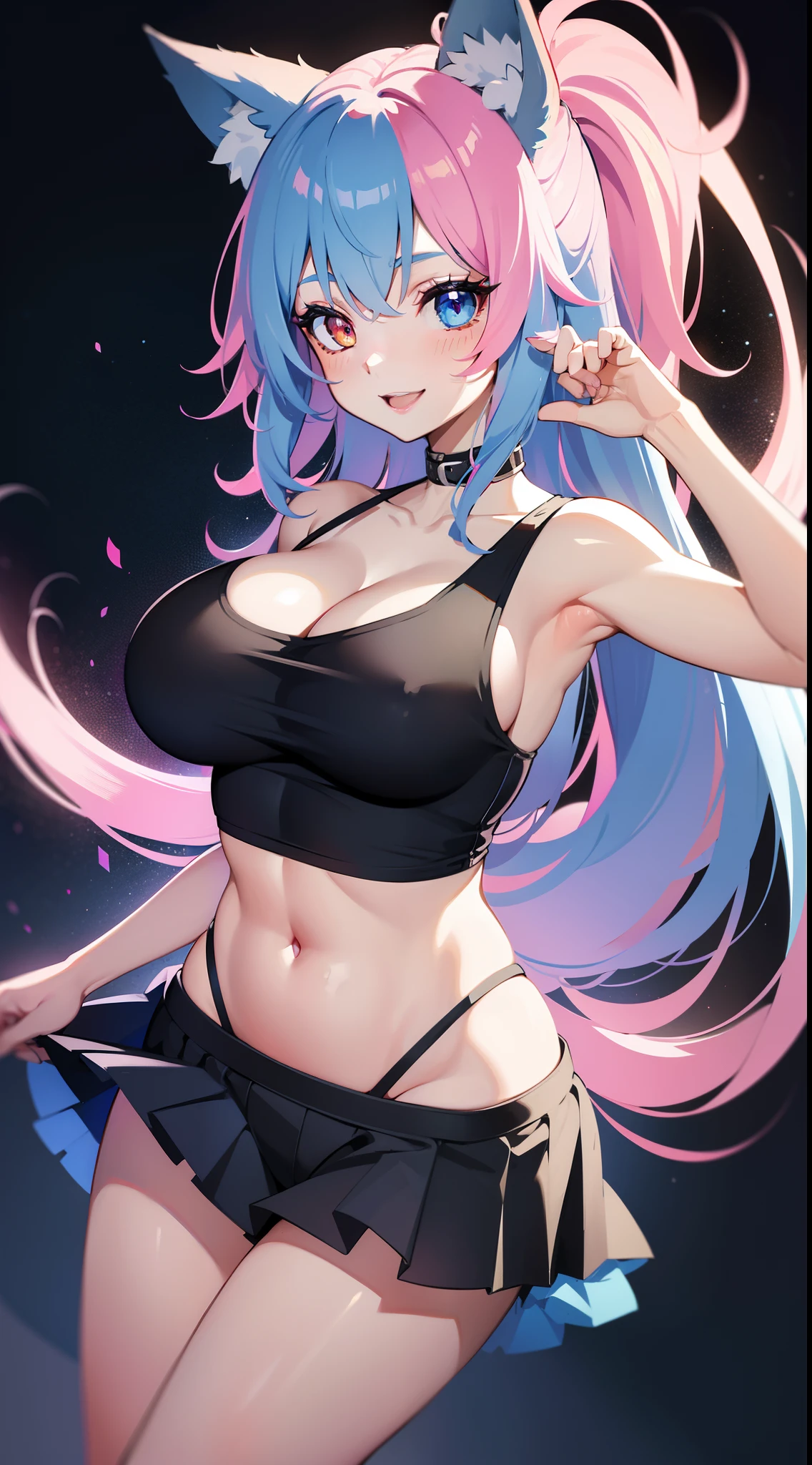 Grown-up girl, Fox ears, Fox tails, Long blue hair with pink tips, Heterochromia, The left eye is blue, Right Eye Pink, blue eye shadow, pink lipstick, black tank top, Upskirt, open belly, pop-idol, Huge-breasts, Smile, Masterpiece, hiquality, 4k, HD, Good detail