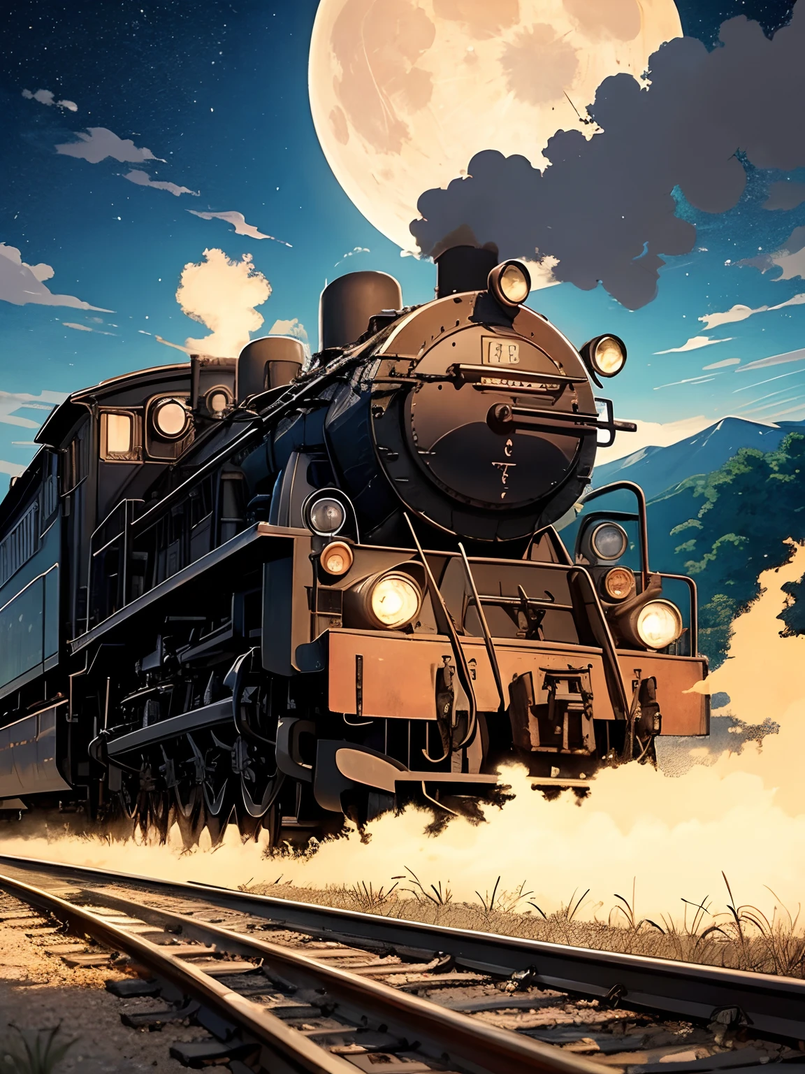 Locomotive with smoke in the center、headlight、Japan countryside、Cinematic scenery、Ghibli、Big Moon、Clouds,masutepiece,Best Quality,Sketch style、