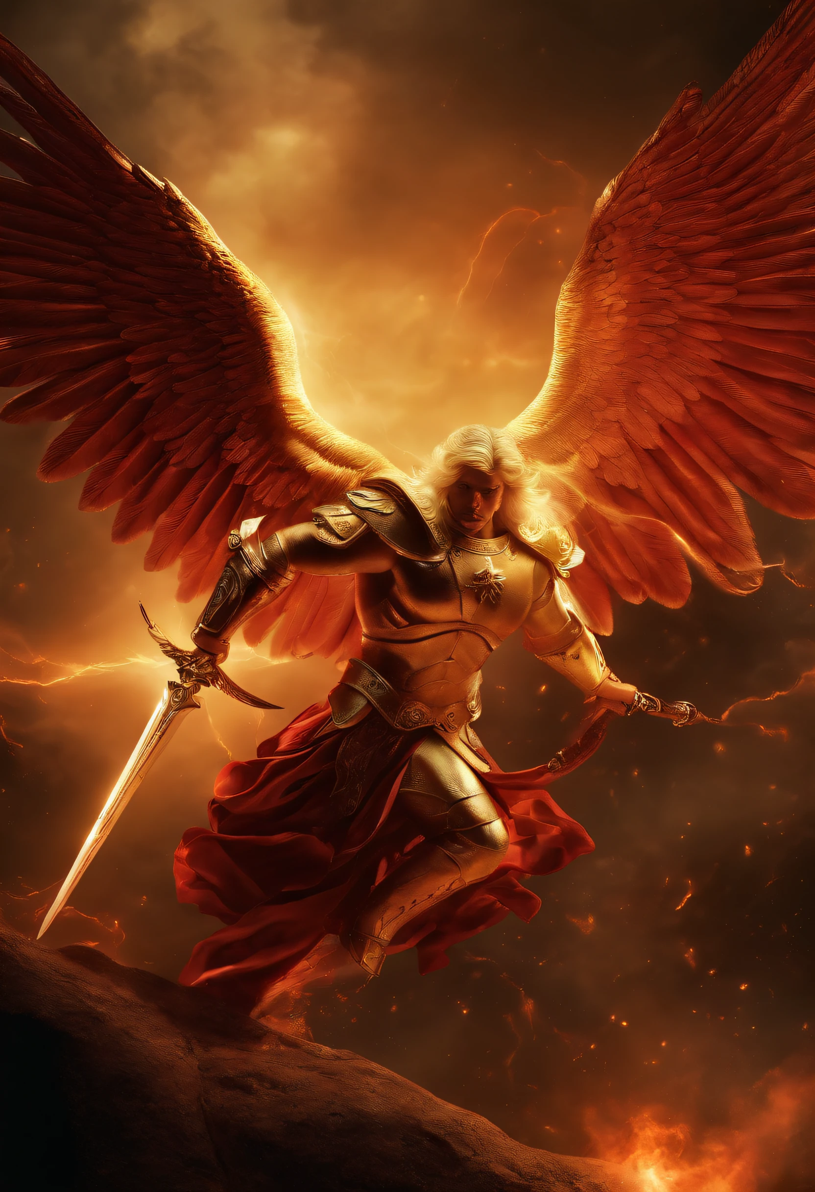 Saint Michael the Archangel vs Lucifer facing each other, um de frente para o outro, olhos claros brilhantes, Biomechanicals, estranho, assustador, Pesadelo, cores muito brilhantes, light particles, com luz brilhante, Mshiff, Arte do papel de parede, Papel de parede UHD