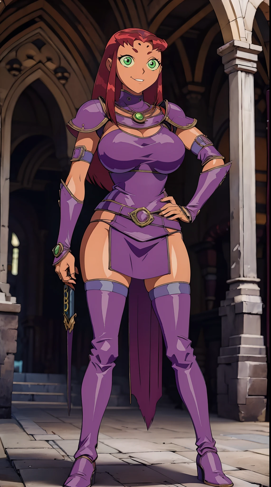 Teen titans, Starfire, anime, masterpiece, 1girl, ((bimbo))), smile face, green eyes, long red hair, , wide hips, thick thigh, big breast, huge ass, shiny skin, purple skirt, purple top, full body, /upscale (icone de um jogo), (icone de peitoral : 1.5), um peitoral , peitoral marrom, chest plate, peitoral pesada marrom, peitoral grosso, peitoral de Armadura intrincada, peitoral de armadura de fantasia pesada, peitoral detalhado, armadura ornamentada, peitoral de Armadura Paladina, peitoral dearmadura de batalha, intrincada peitoral, pants, body suit