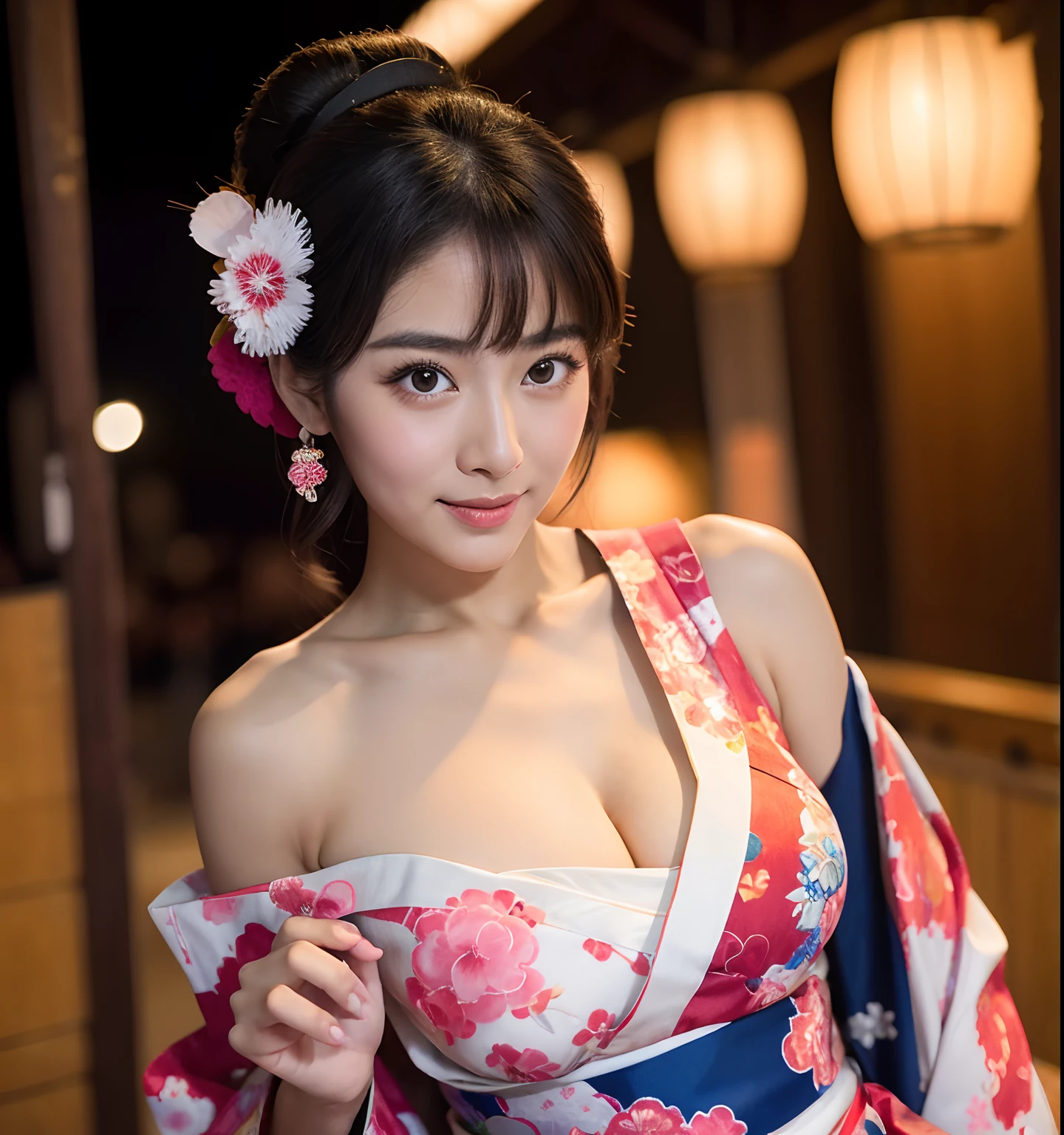 8K masterpiece　Raw photo　Best Quality　Japanese Yukata　goddes　femele　(((Show all shoulders)))　Night festivities　Festival stalls　full body Esbian　Facial camea　Looking at the camera　No shoulder straps, Kanzashi on the head　Moderately large breasts　oblique　Enlarge your face　a smile