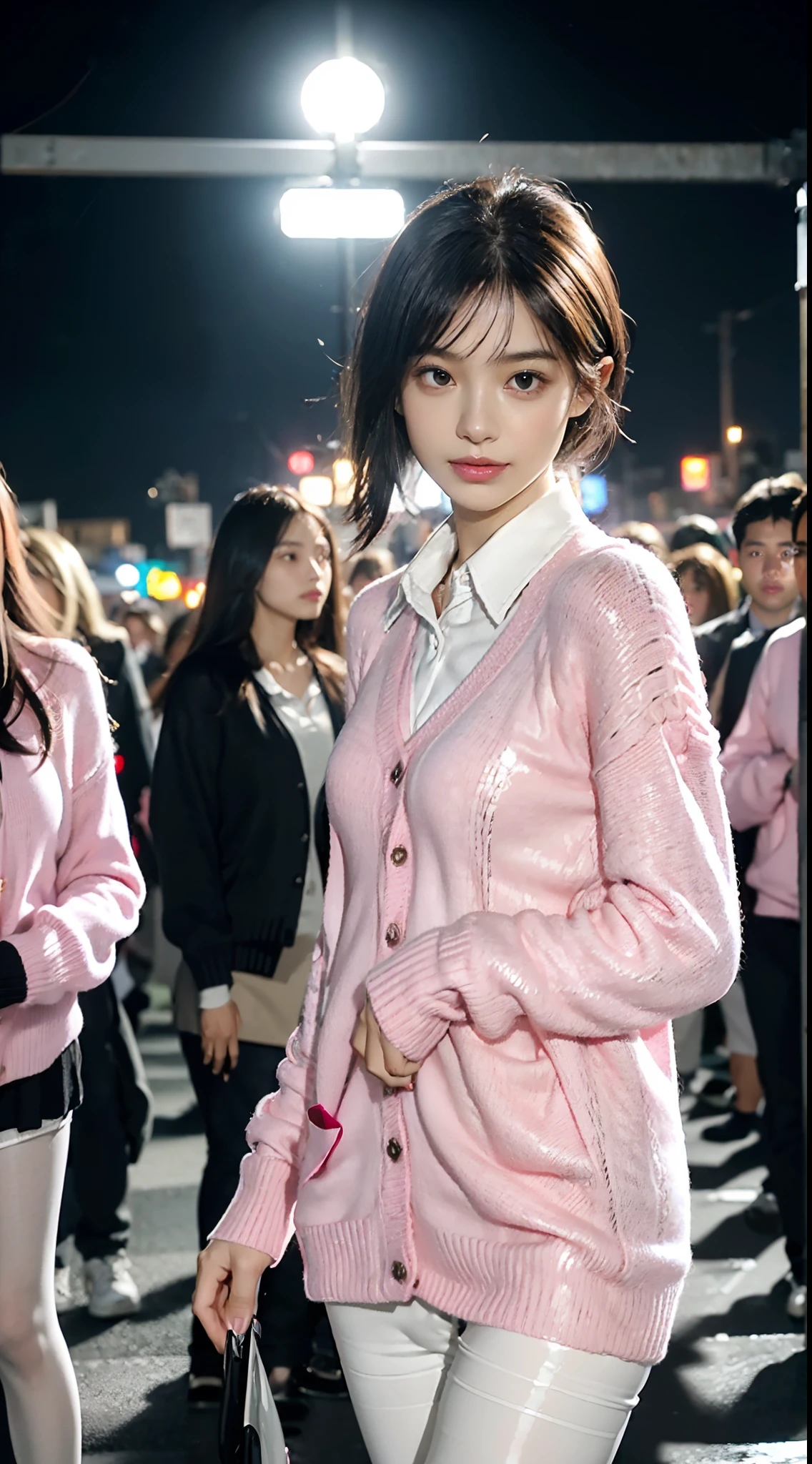 (shoulder length straight short black hair:1.2),((((8k))),(Extremely meticulous CG) ,(wallpaper),16k,(Extremely refined and beautiful），（Masterpiece），（best qualtiy：1.0），（Ultra High Resolution：1.0），beautiful light up，Perfect lightning，realistic shaded，[A high resolution],(Smooth and flawless fair skin:1.5),Extremely exquisite facial details,(perfect body：1.1),ultra - detailed,A beautiful girl,small head,(very short ponytail:1.2),(Small breasts:1.1),Flat chests，slim，thin，Smile，cheerfulness,(Pink sweater cardigan:1.5),(white collared shirt:1.4),(denim pants:1.3),(black boots:1.2),slender legs,(nightfall:1.5),Sunset light,(Surrounded by a crowded crowd:1.5),At the school gate,(close-up of upper body:1.0),from front,(rainy weather:1.1),standing