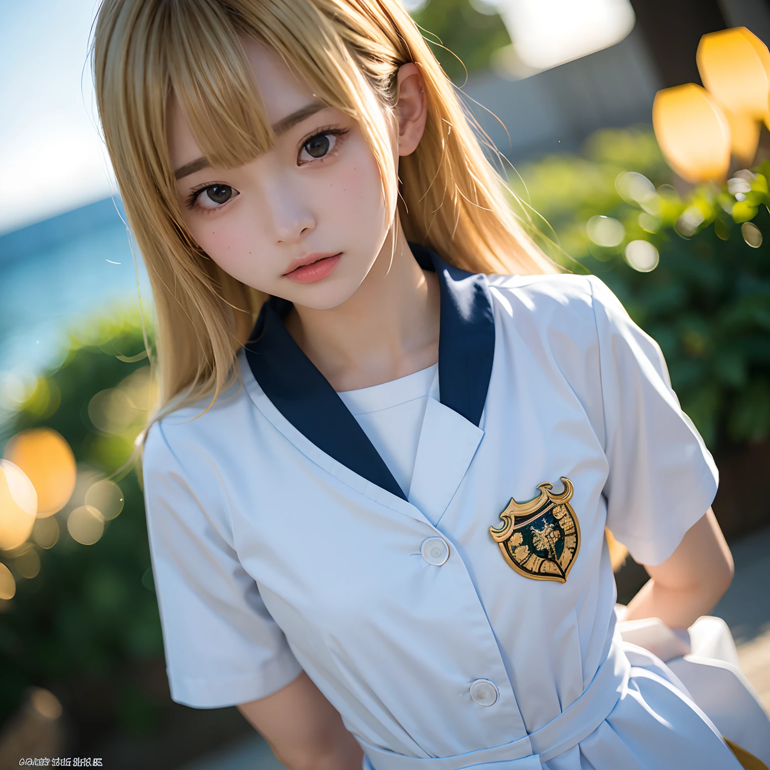 (masutepiece, Best Quality:1.2), 8K, Official art, Raw photo, Cute breasts、Full Bord Bill Four、Handcuffed and restrained、Hands behind your back、14years、small tits、Torn sailor suit、unbelievable Ridiculous, (Upper body、校服:1.4), Beautiful Girl, Pretty Face, arching back down,、Gold hair ornament on hair、close up, Sailor Suit, Short sleeve, violaceaess, Teen, Looking at Viewer, Film grain, chromatic abberation, Sharp Focus, face lights, Dynamic lighting, Cinematic lighting, Eyes and faces with detailed, Bokeh background,