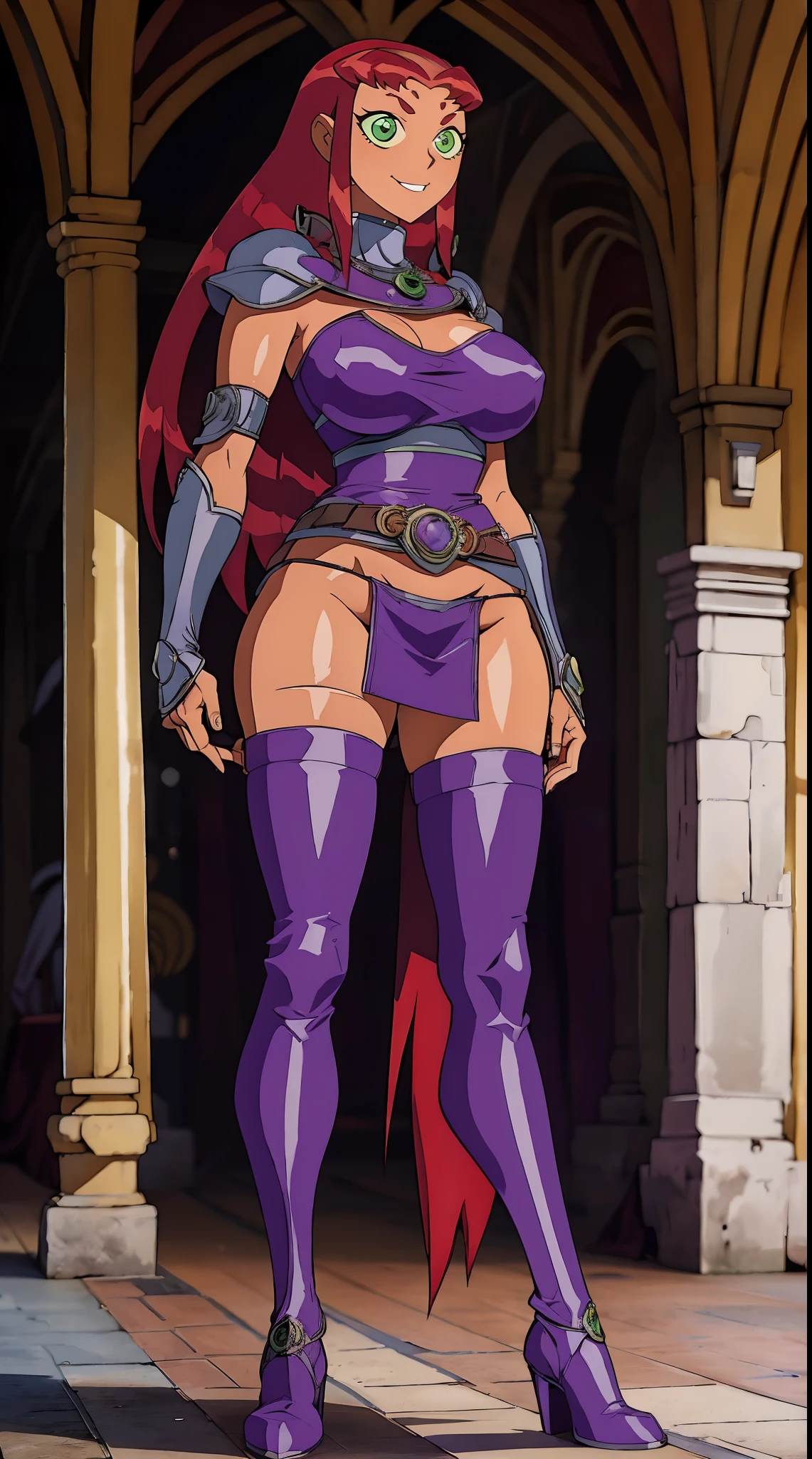 titans, Starfire, anime, masterpiece, 1girl, ((bimbo))), smile face, green eyes, long red hair, , wide hips, thick thigh, big breast, huge ass, shiny skin, purple skirt, purple top, full body, /upscale (icone de um jogo), (icone de peitoral : 1.5), um peitoral , peitoral marrom, chest plate, peitoral pesada marrom, peitoral grosso, peitoral de Armadura intrincada, peitoral de armadura de fantasia pesada, peitoral detalhado, armadura ornamentada, peitoral de Armadura Paladina, peitoral dearmadura de batalha, intrincada peitoral, pants, body suit