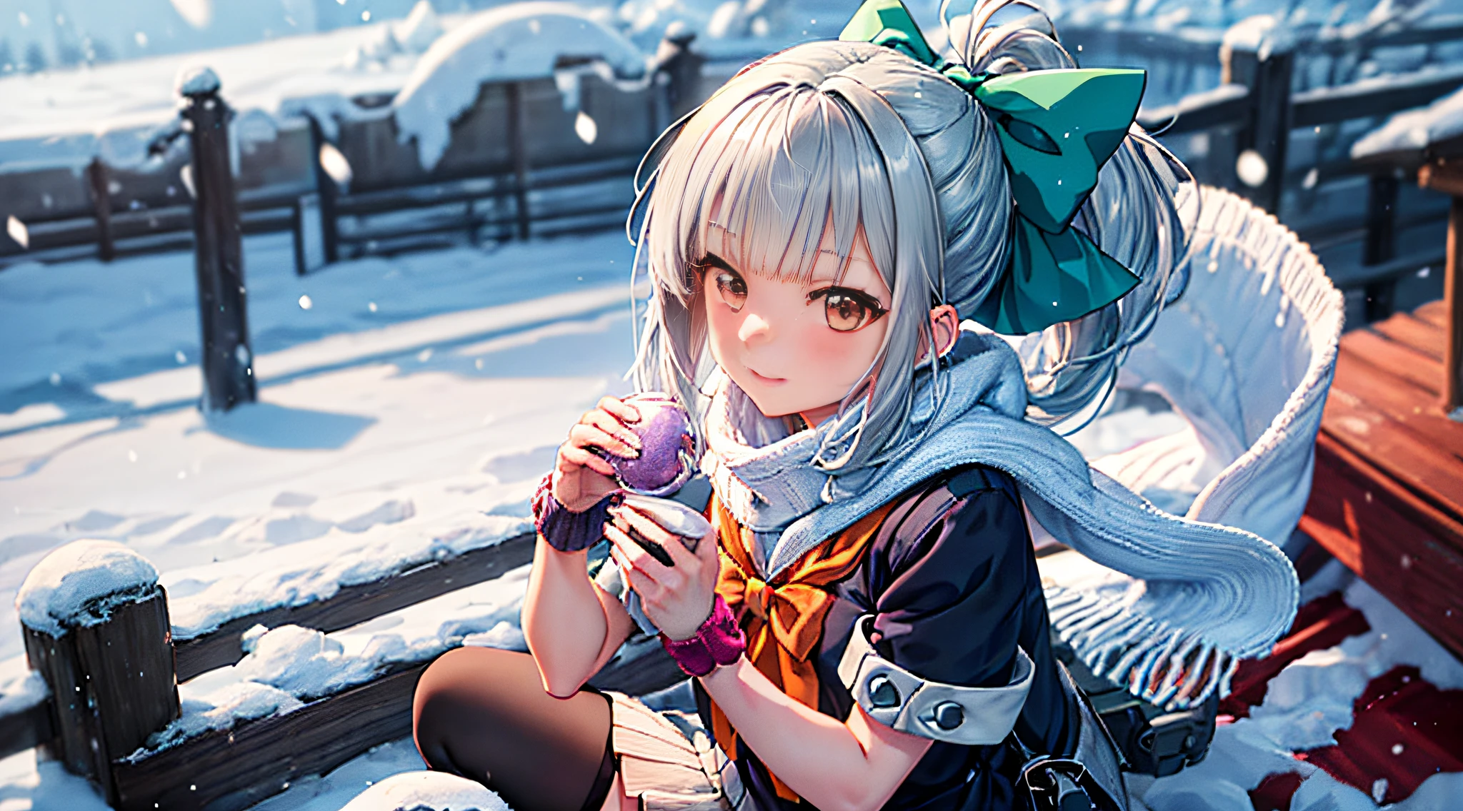 hight resolution、​masterpiece、8K Illustration、sologirl、１anime a girl、Full body、Ponytail, Bangs, Brown eyes, Bow, Hair Bow, Green hair, Grey Hair, (poneyTail、a sailor suit、Knitted scarves、White knitted cardigan、Fluffy short boots）、 anime style 4 k, anime moe art style, Kantai Collection Style, Very beautiful anime girl, Anime 4K, Anime art wallpaper 8k, Background Main、Winter background、Yuki、It's snowing、Snow piles up、Feeling the cold、Chinese style illustration、avatar、Fantasia、detailed digital art、Beautiful、detailed portrait of an anime girl、