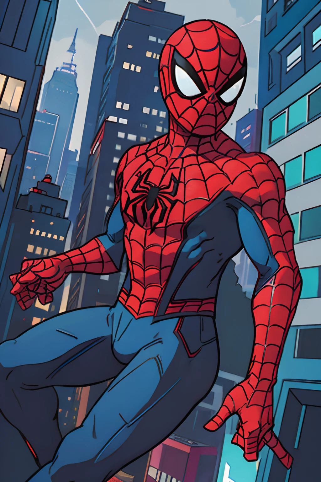 Desenhe uma imagem do Homem-Aranha no estilo dos desenhos animados dos anos 90. He must be in his classic red and blue outfit, com os olhos grandes e brancos. Make sure to capture the unique animation style of the 90s, with crisp lines and vibrant colors. Spider-Man Should Be In Dynamic Pose, Swinging between the buildings of New York, com sua teia se estendendo para o horizonte. Add some skyscrapers in the background to create an authentic urban ambiance. Por favor, destaque os detalhes do traje, como a textura da teia e a aranha no peito. Make sure the image conveys the energy and fearless spirit of Spider-Man as he fights crime in the city."