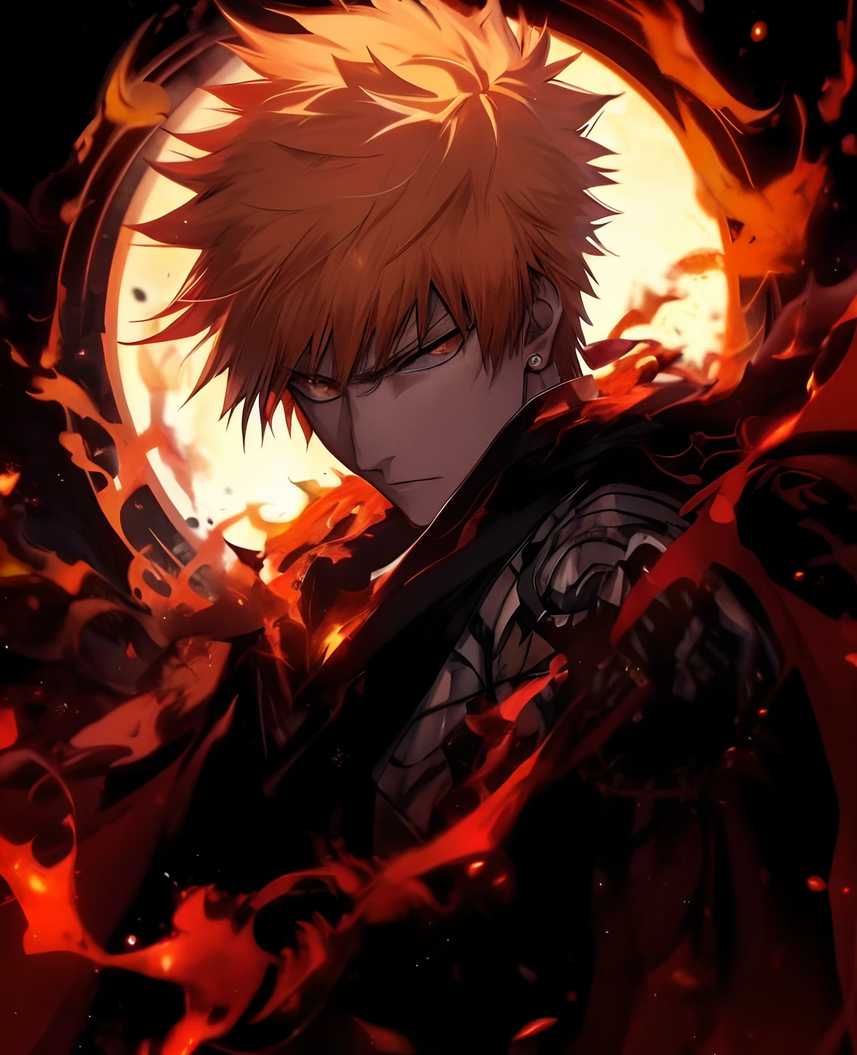 a close up of a person with a fire around them, ichigo kurosaki, blazing infero, badass anime 8 k, ichigo, anime wallaper, orange - haired anime boy, anime wallpaper 4 k, anime wallpaper 4k, hd anime wallaper, handsome guy in demon slayer art, profile picture 1024px, 4k anime wallpaper