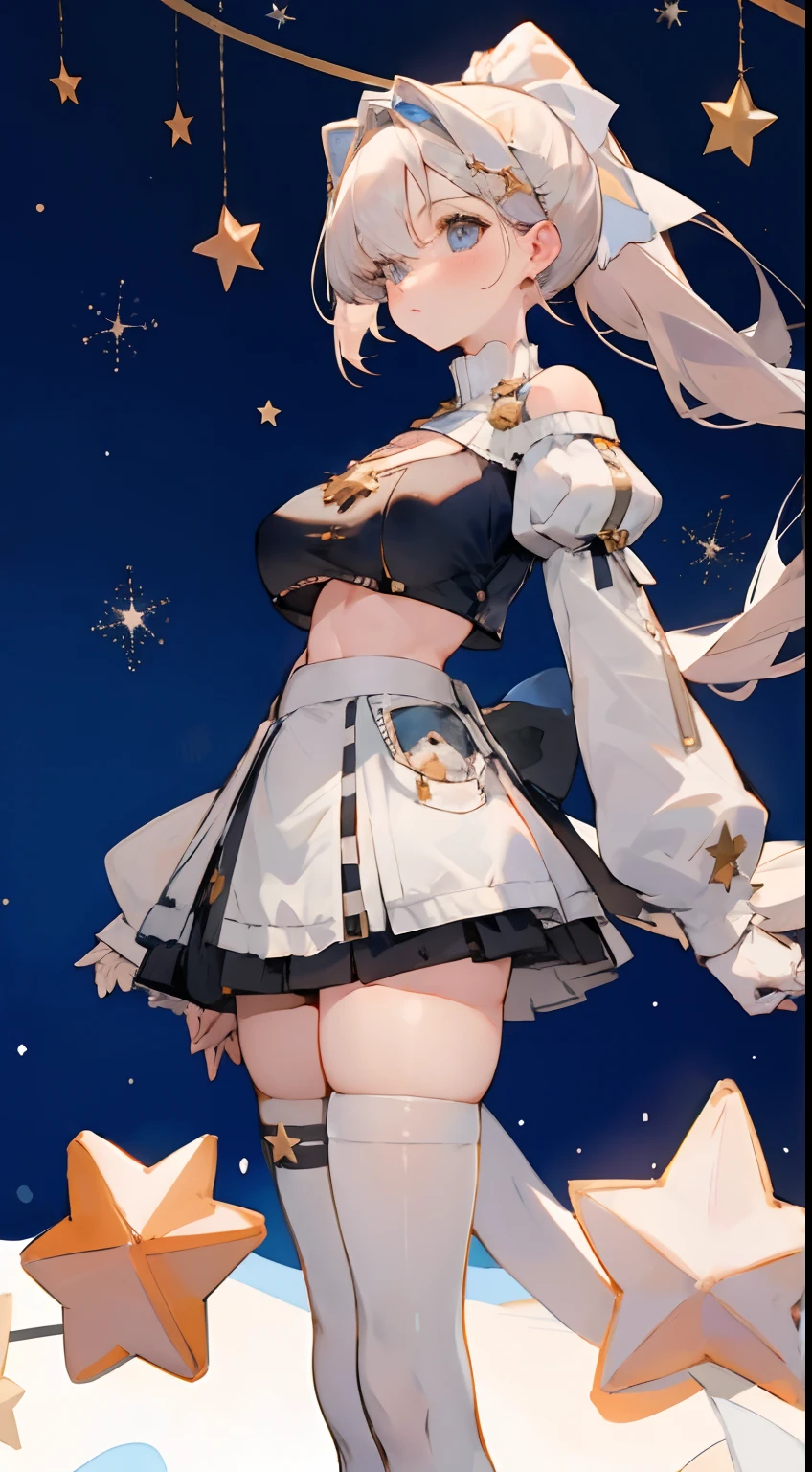Bigboobs，cropped shoulders，White knee-length stockings，Lolita skirt，High ponytail，Stand up，Star decoration