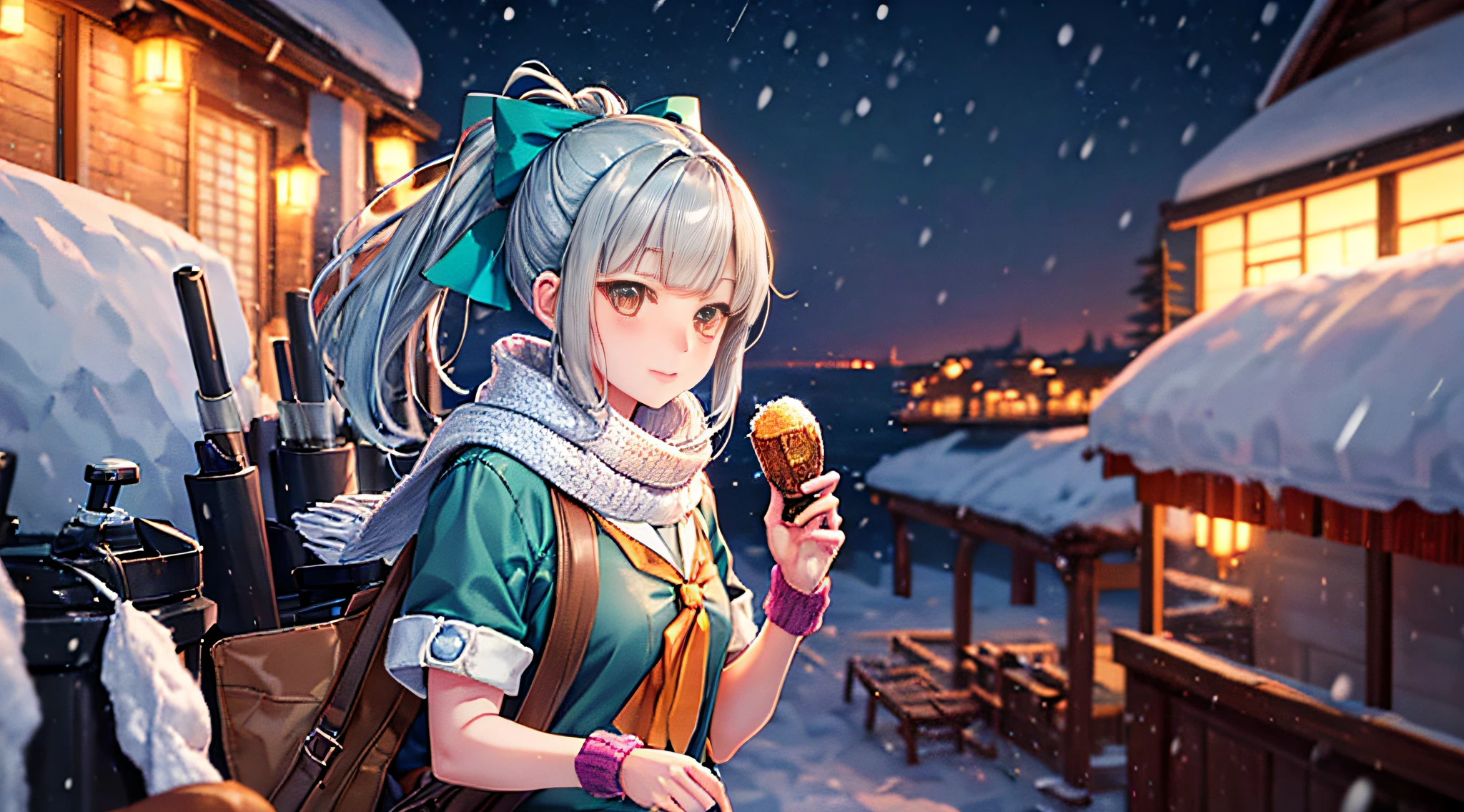 hight resolution、​masterpiece、8K Illustration、sologirl、１anime a girl、Full body、Ponytail, Bangs, Brown eyes, Bow, Hair Bow, Green hair, Grey Hair, (poneyTail、a sailor suit、Knitted scarves、White knitted cardigan、Fluffy short boots）、 anime style 4 k, anime moe art style, Kantai Collection Style, Very beautiful anime girl, Anime 4K, Anime art wallpaper 8k, Background Main、Winter background、Yuki、It's snowing、Snow piles up、Feeling the cold、Chinese style illustration、avatar、Fantasia、detailed digital art、Beautiful、detailed portrait of an anime girl、