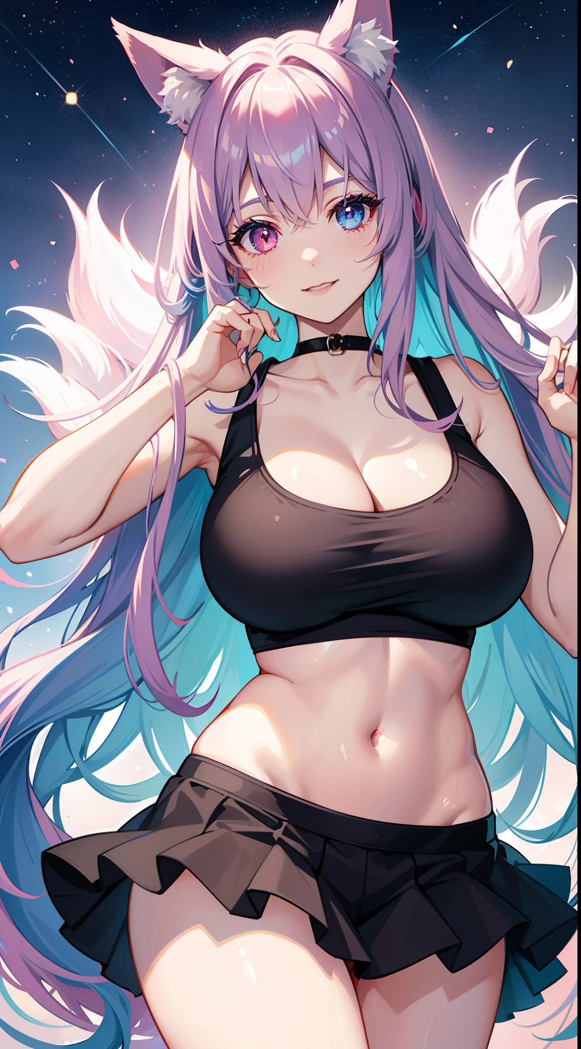 Grown-up girl, Fox ears, Fox tails, Long blue hair with pink tips, Heterochromia, The left eye is blue, Right Eye Pink, blue eye shadow, pink lipstick, black tank top, Upskirt, open belly, pop-idol, Huge-breasts, Smile, Masterpiece, hiquality, 4k, HD, Good detail